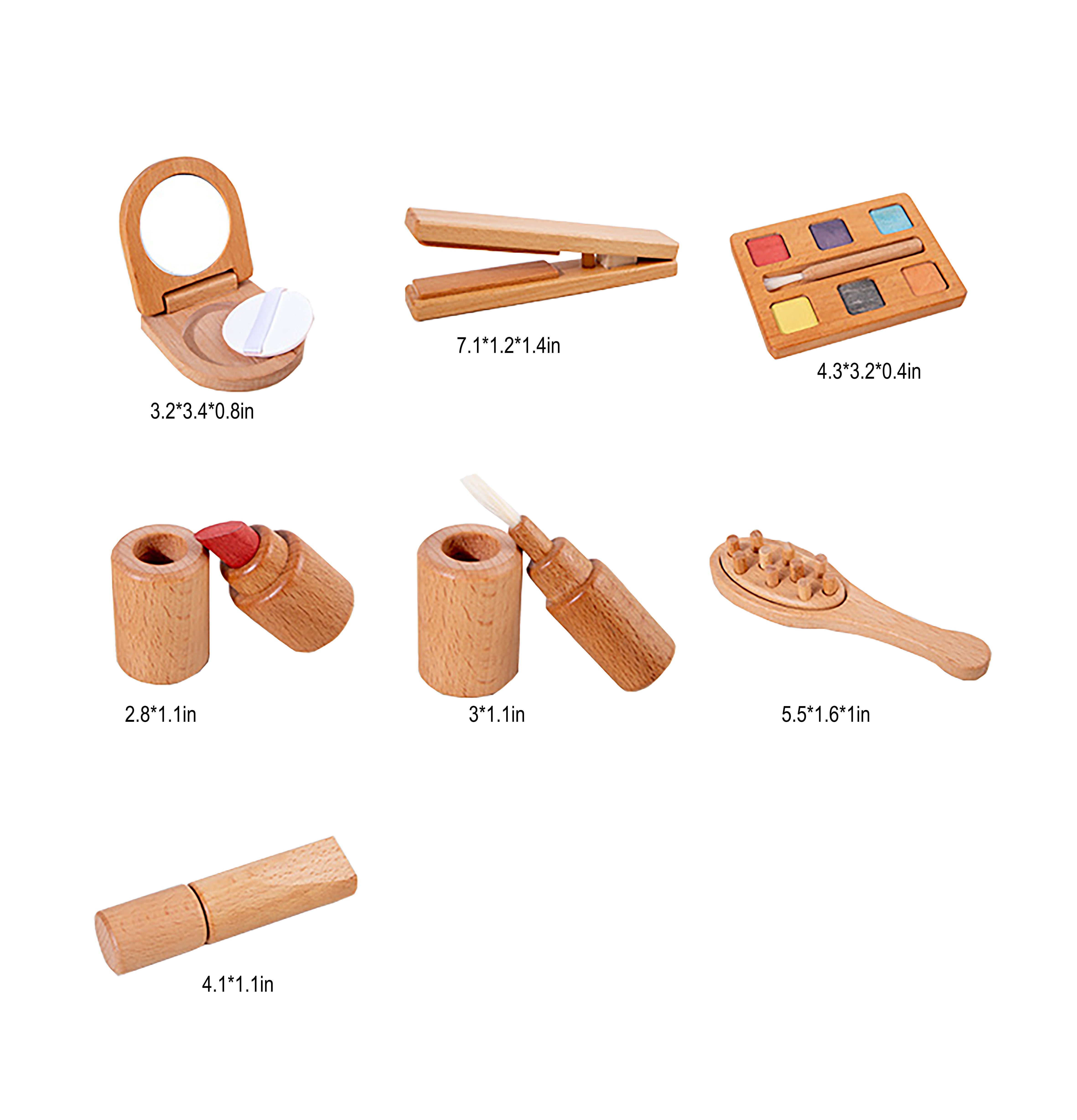 Set of wooden makeup tools with dimensions on a white background