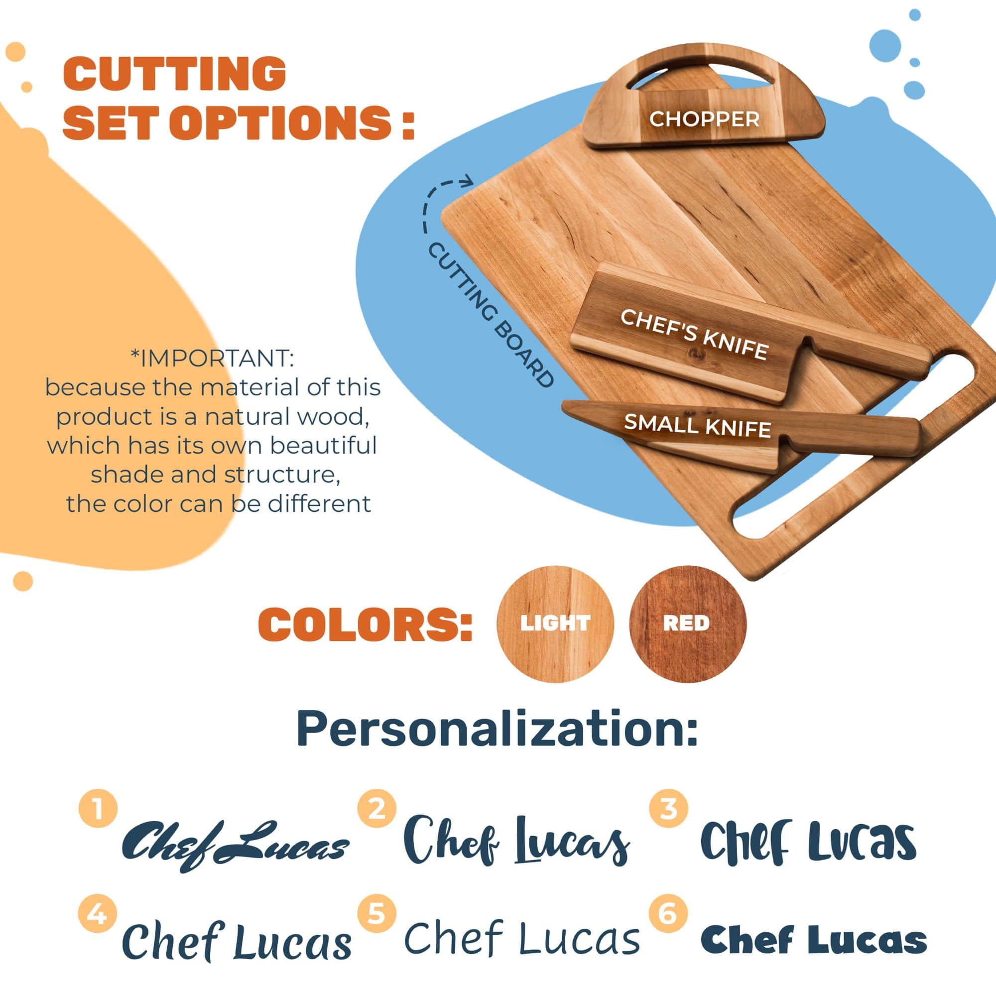 Wooden cutting board set with knives and labels on a white background