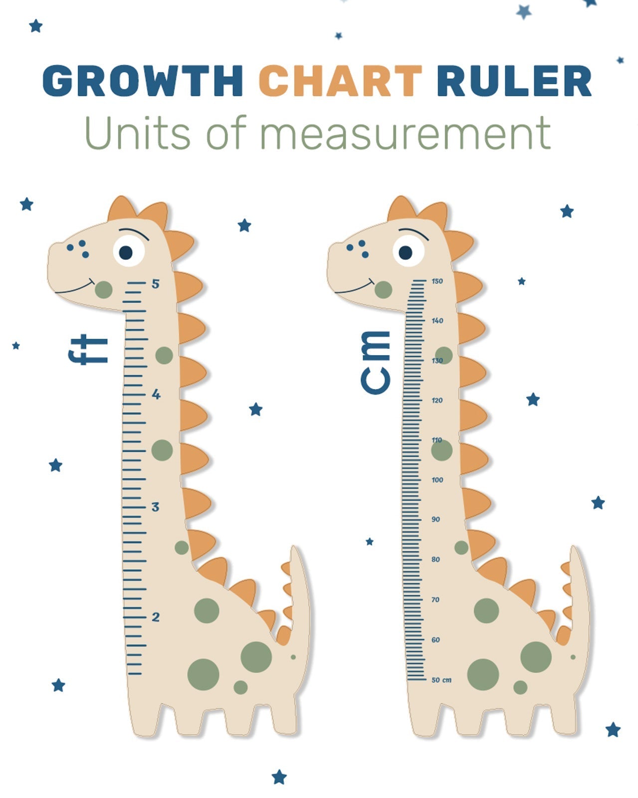 Two dinosaur-shaped growth charts with measurement scales on a white background.