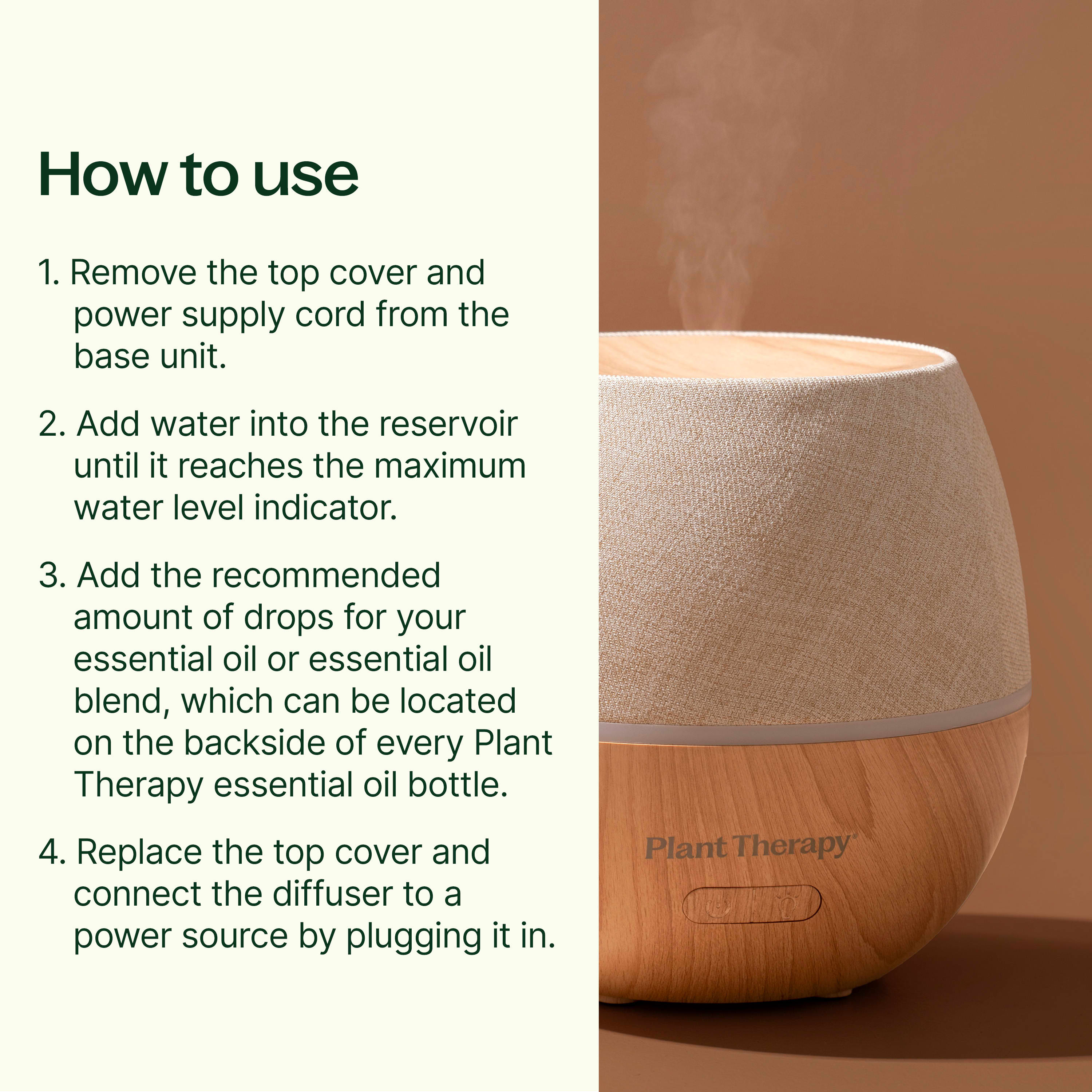 Wooden diffuser with text on how to use it on a brown background