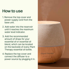 Wooden diffuser with text on how to use it on a brown background