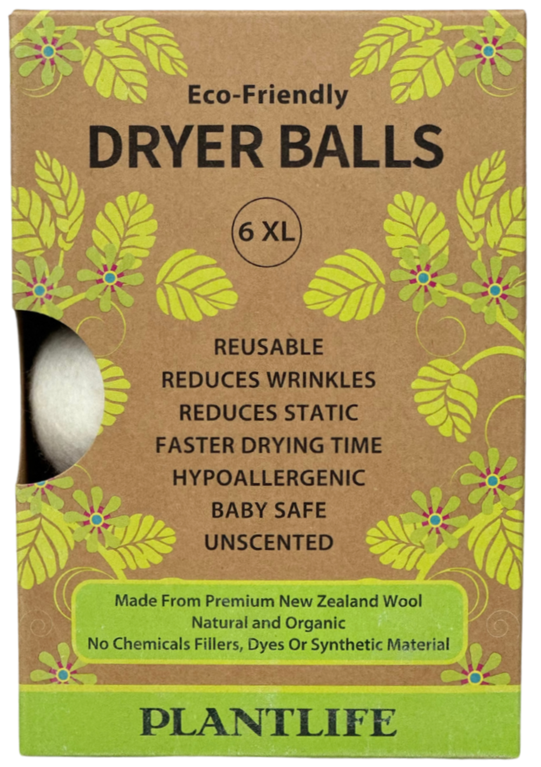 Box of eco-friendly dryer balls with green leaf design and Plantlife branding.
