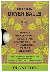 Box of eco-friendly dryer balls with green leaf design and Plantlife branding.