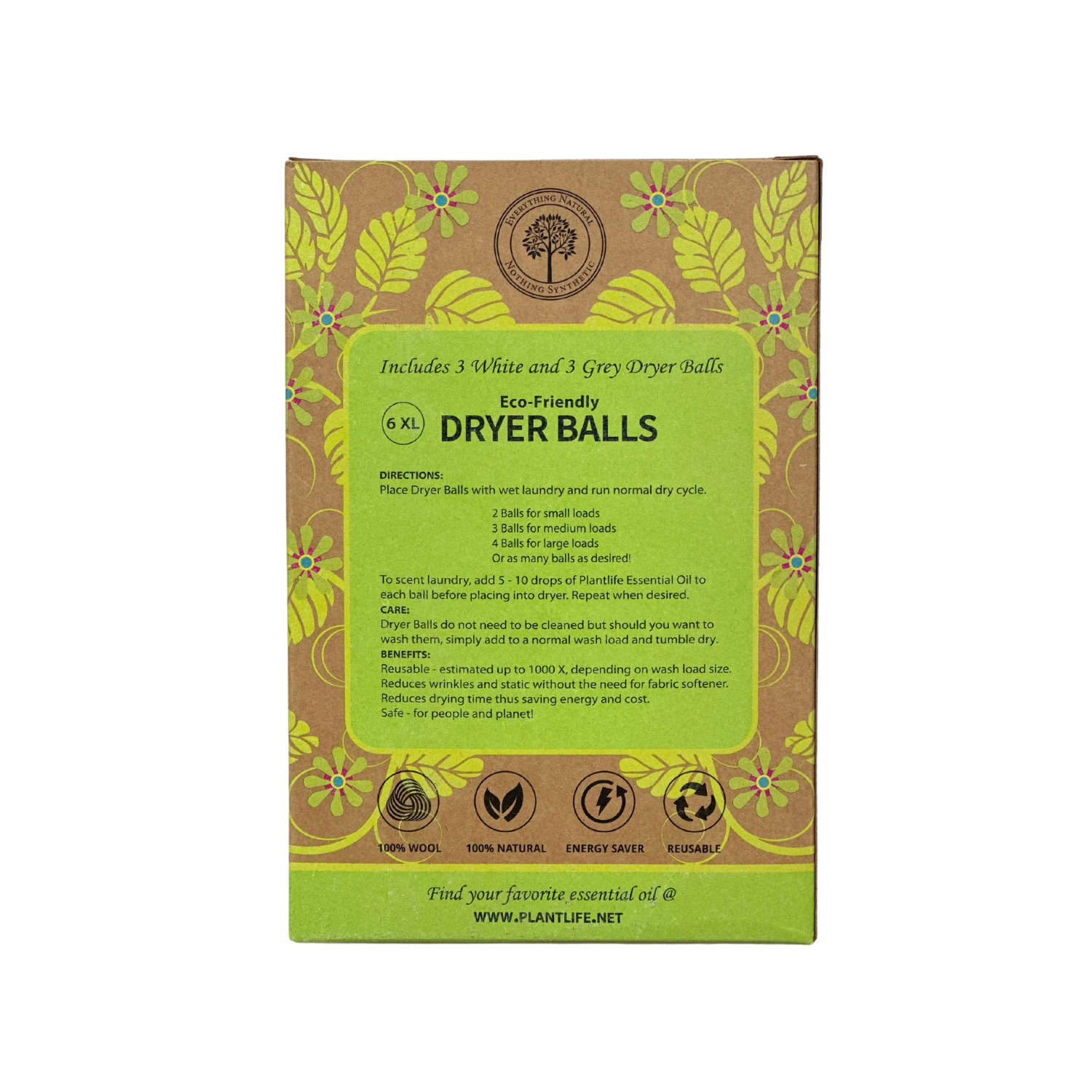 Eco-friendly dryer balls packaging with green and brown design on a white background