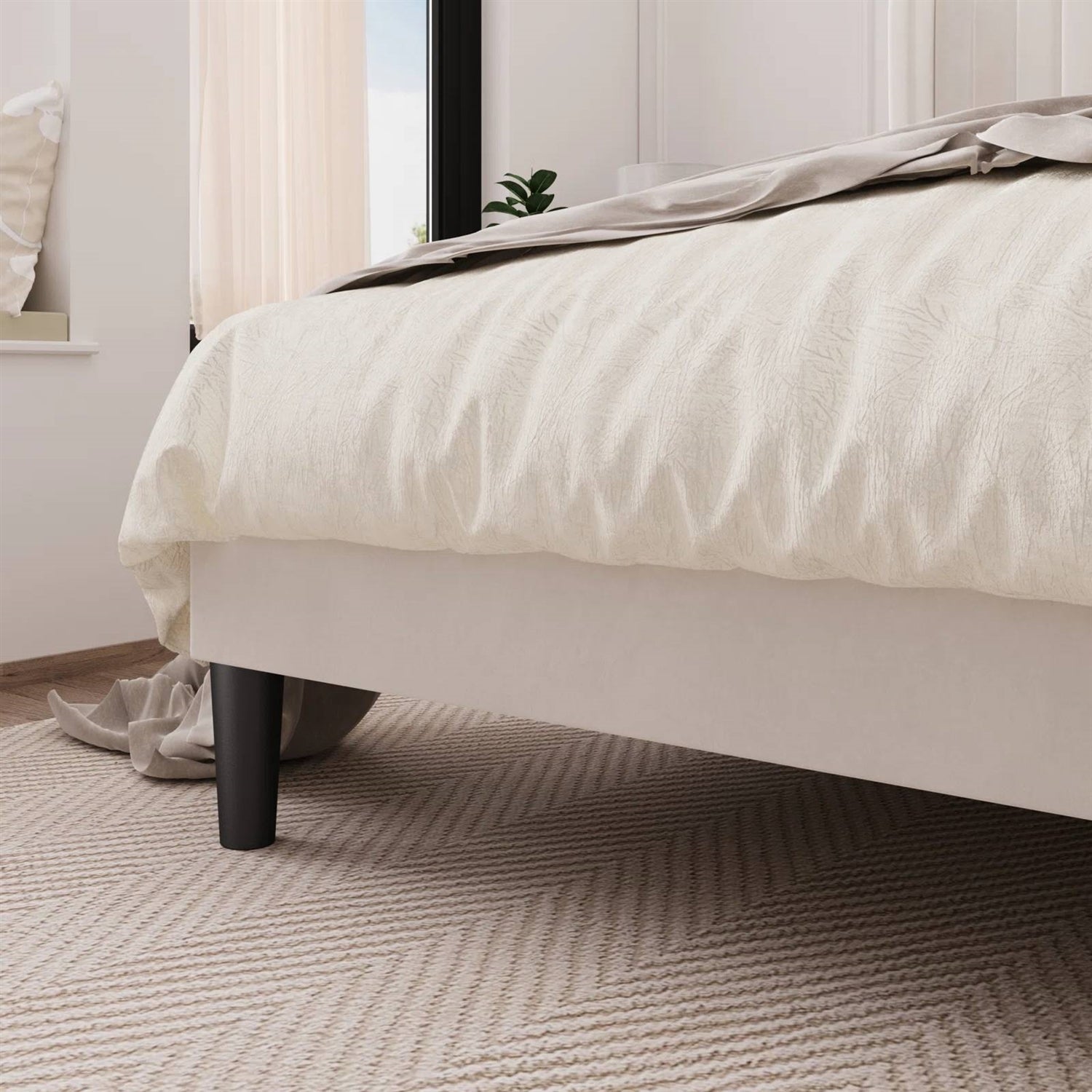 Bed with white bedding in a bedroom setting