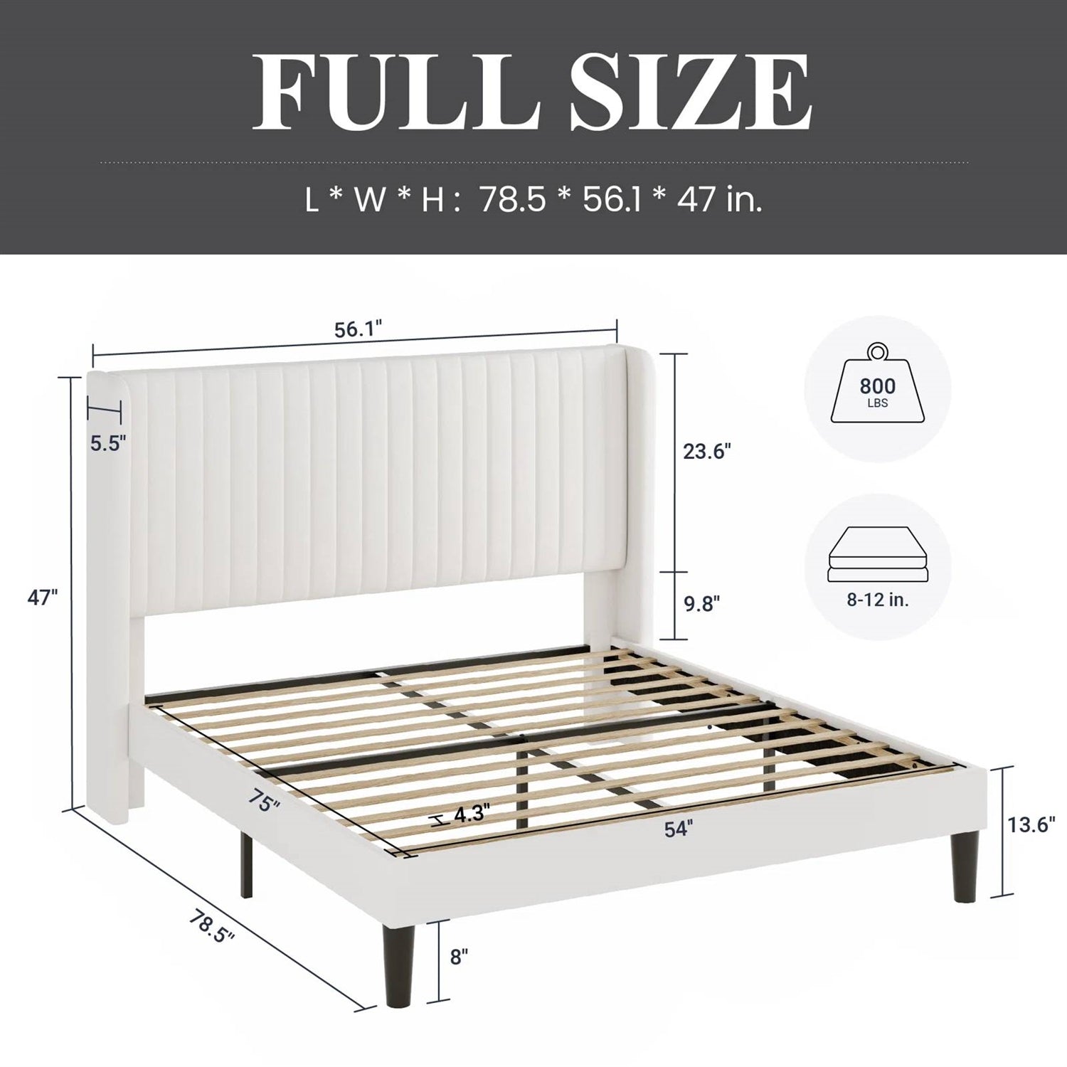 White bed frame with dimensions labeled on a gray background