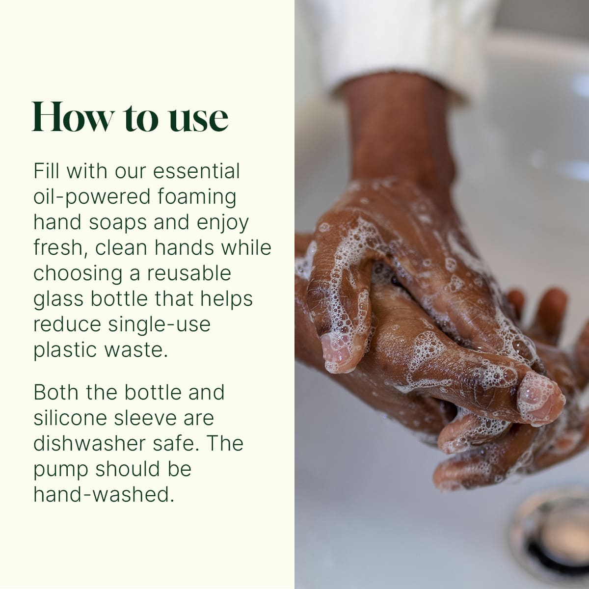 Hand washing with foamy soap and text on how to use essential oil-powered foaming hand soaps.