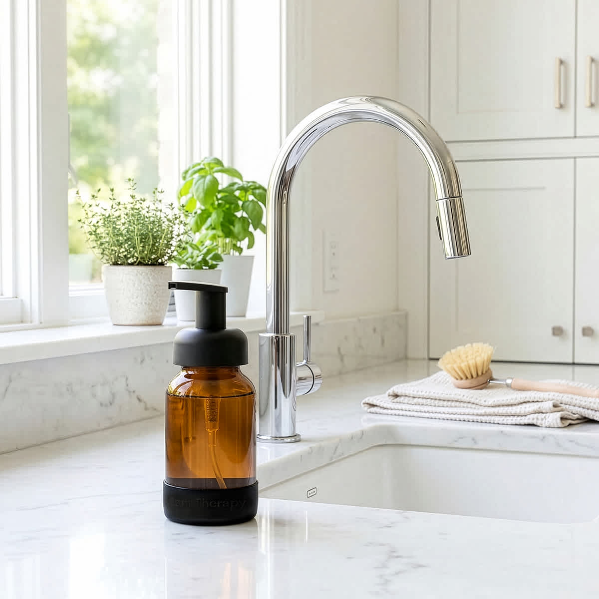 Kitchen sink area with a soap dispenser, faucet, and window with plants.