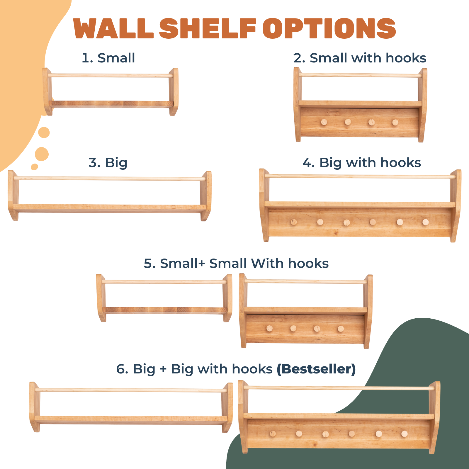 Wooden wall shelves with different configurations on a white background