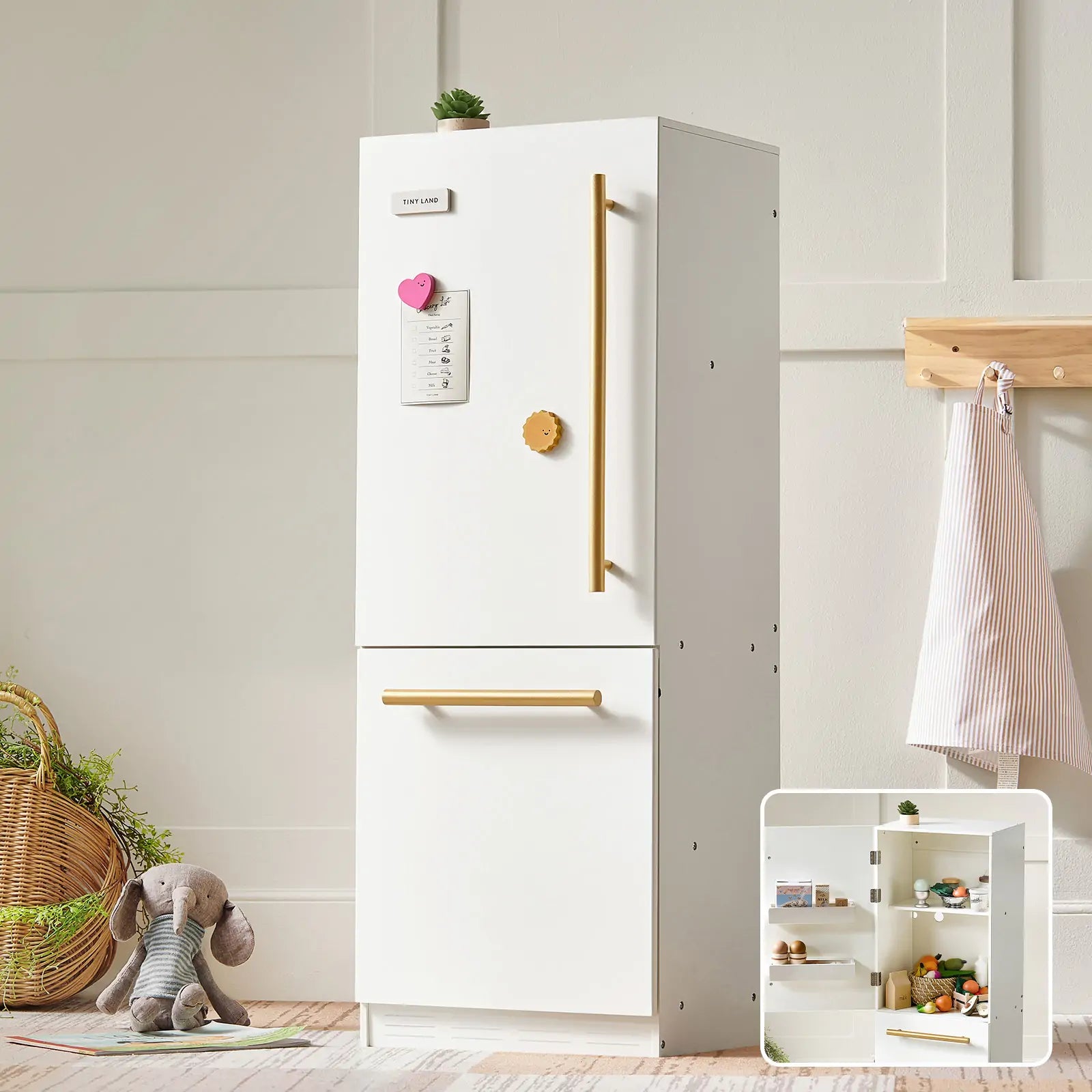 Lifestyle image of white wooden play fridge