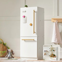 Lifestyle image of white wooden play fridge