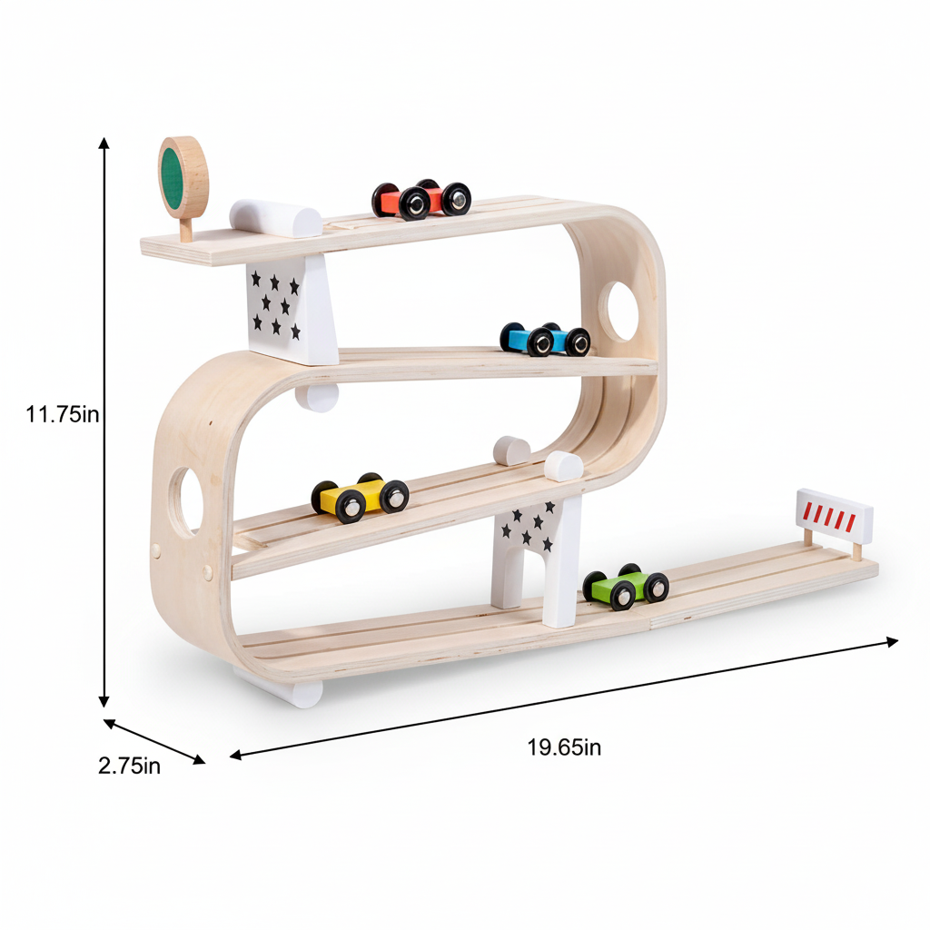 Wooden toy track with cars and measurements on a white background