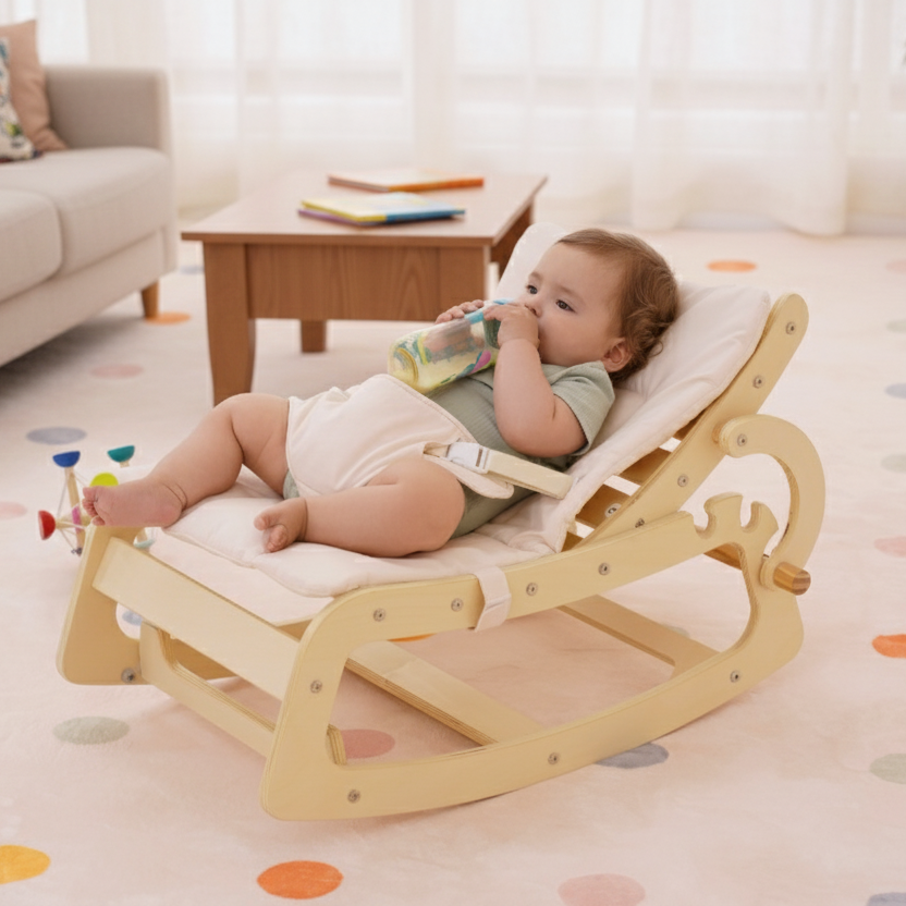 Baby sitting in a wooden rocking chair in a living room.