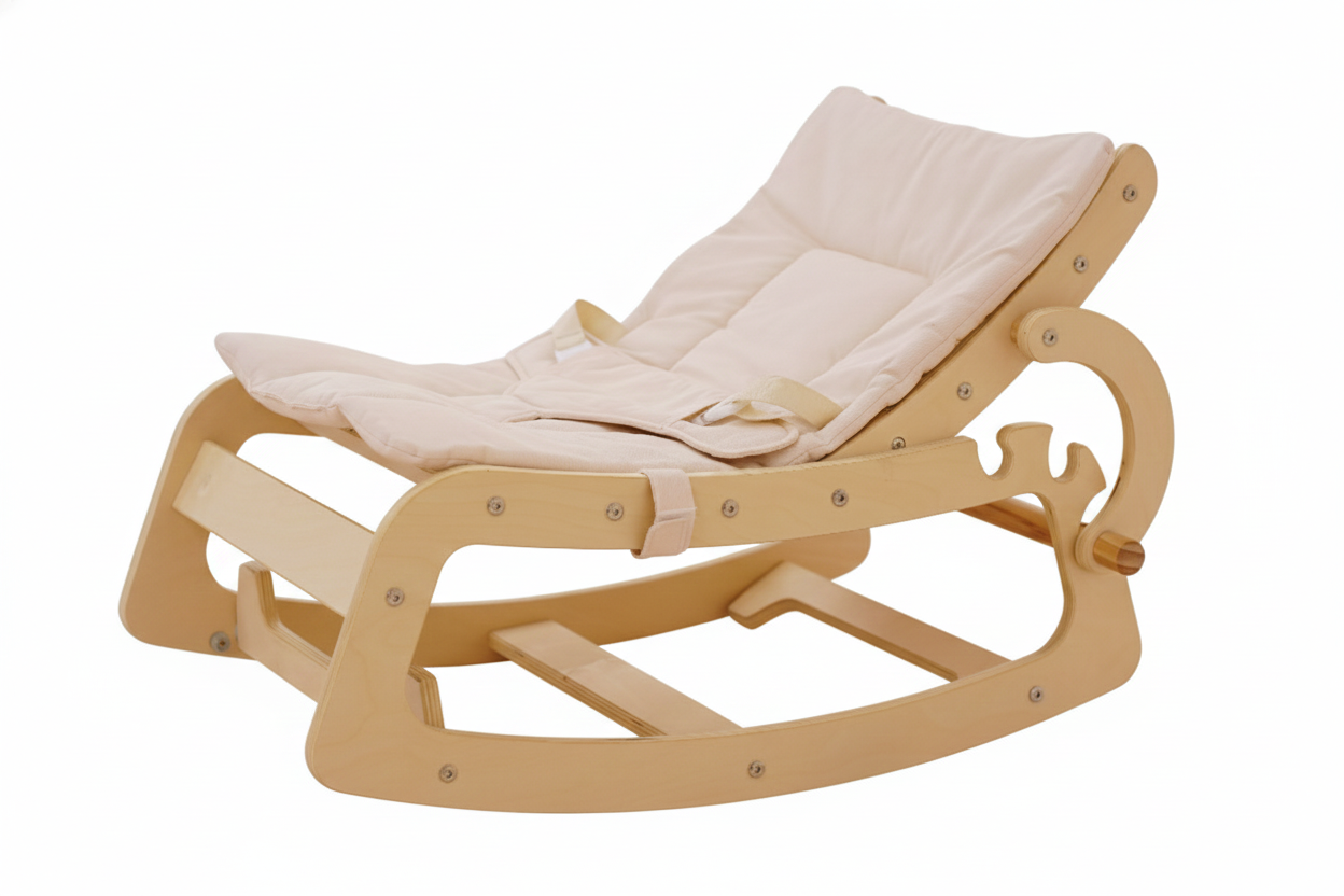 Wooden rocking chair with beige cushion on a white background