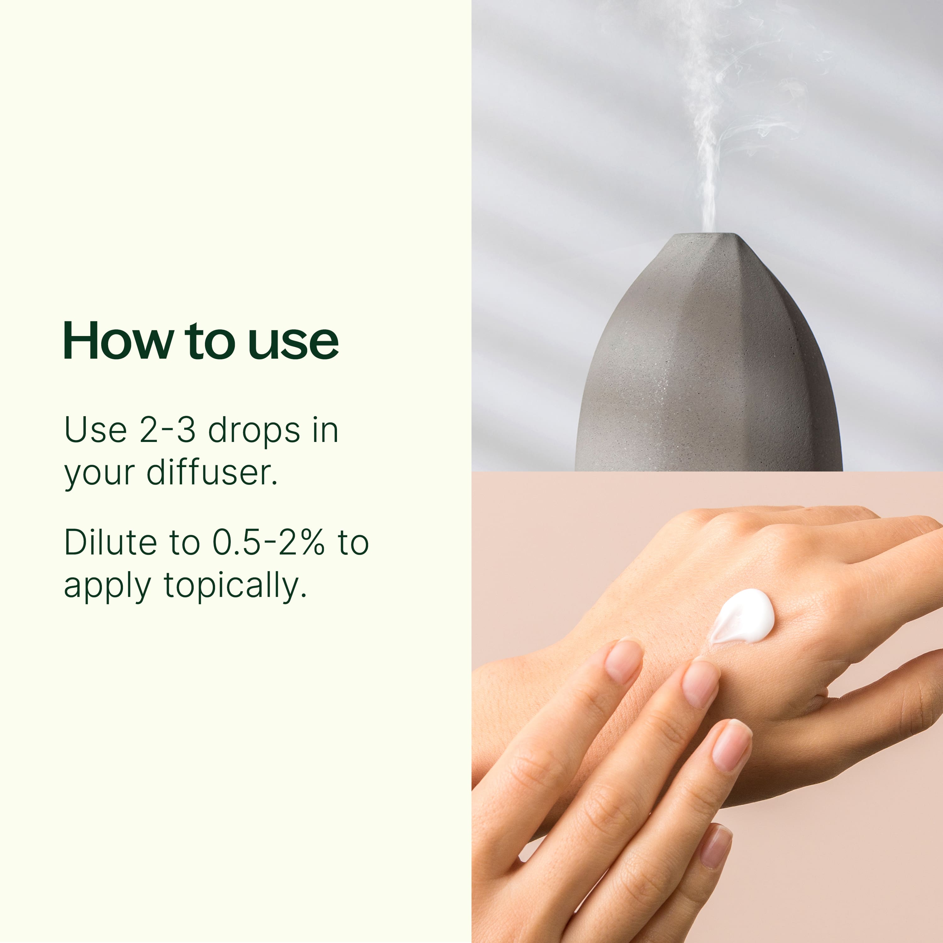 Instructions on how to use a diffuser with a close-up of a hand applying a droplet.