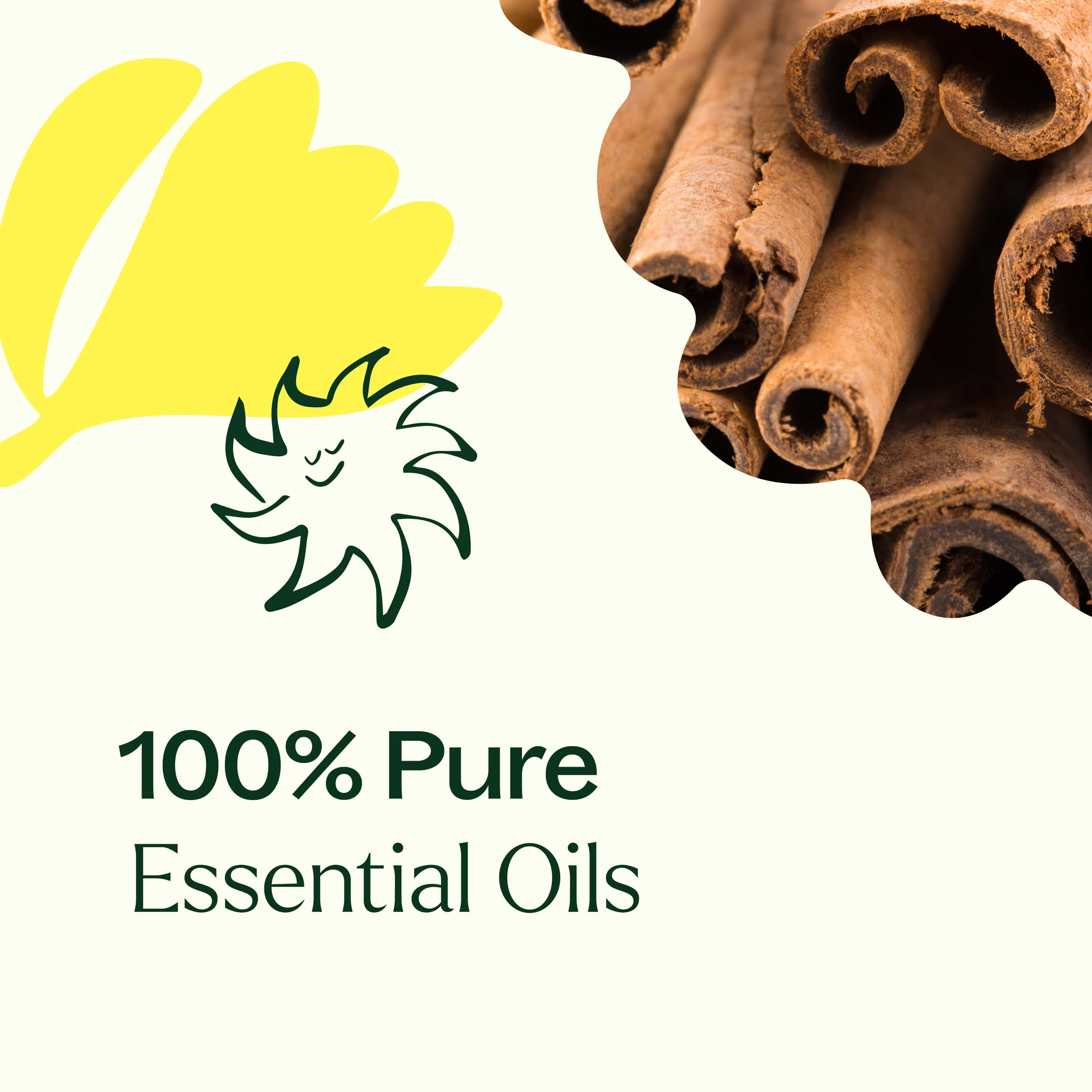 Cinnamon sticks with a yellow leaf and '100% Pure Essential Oils' logo on a white background