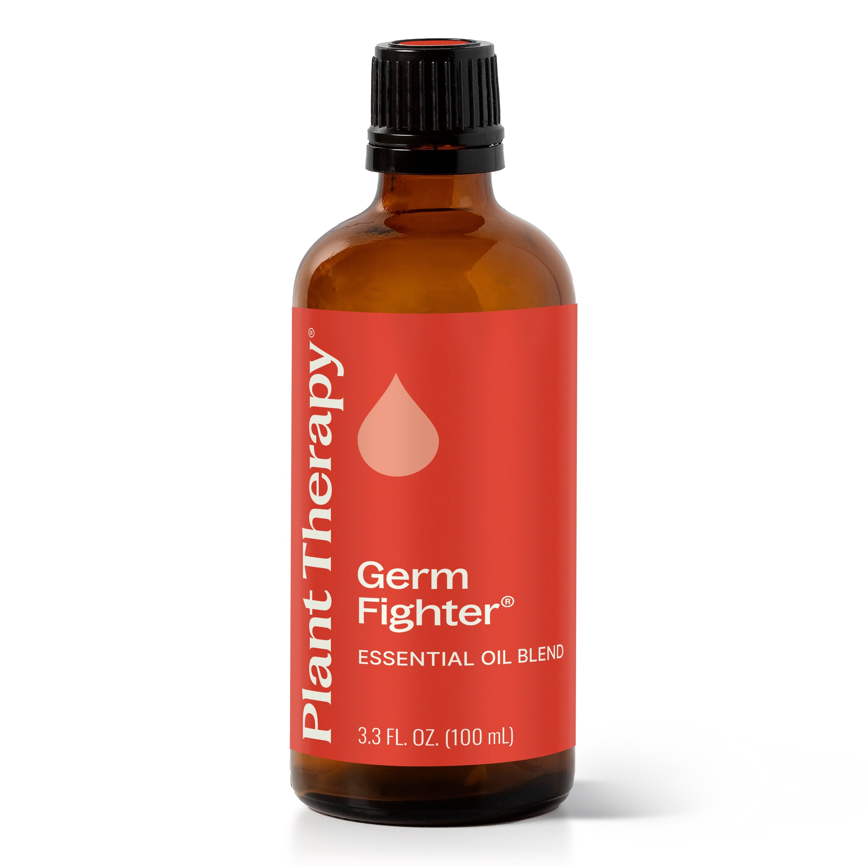 Bottle of Plant Therapy Germ Fighter essential oil blend on a white background