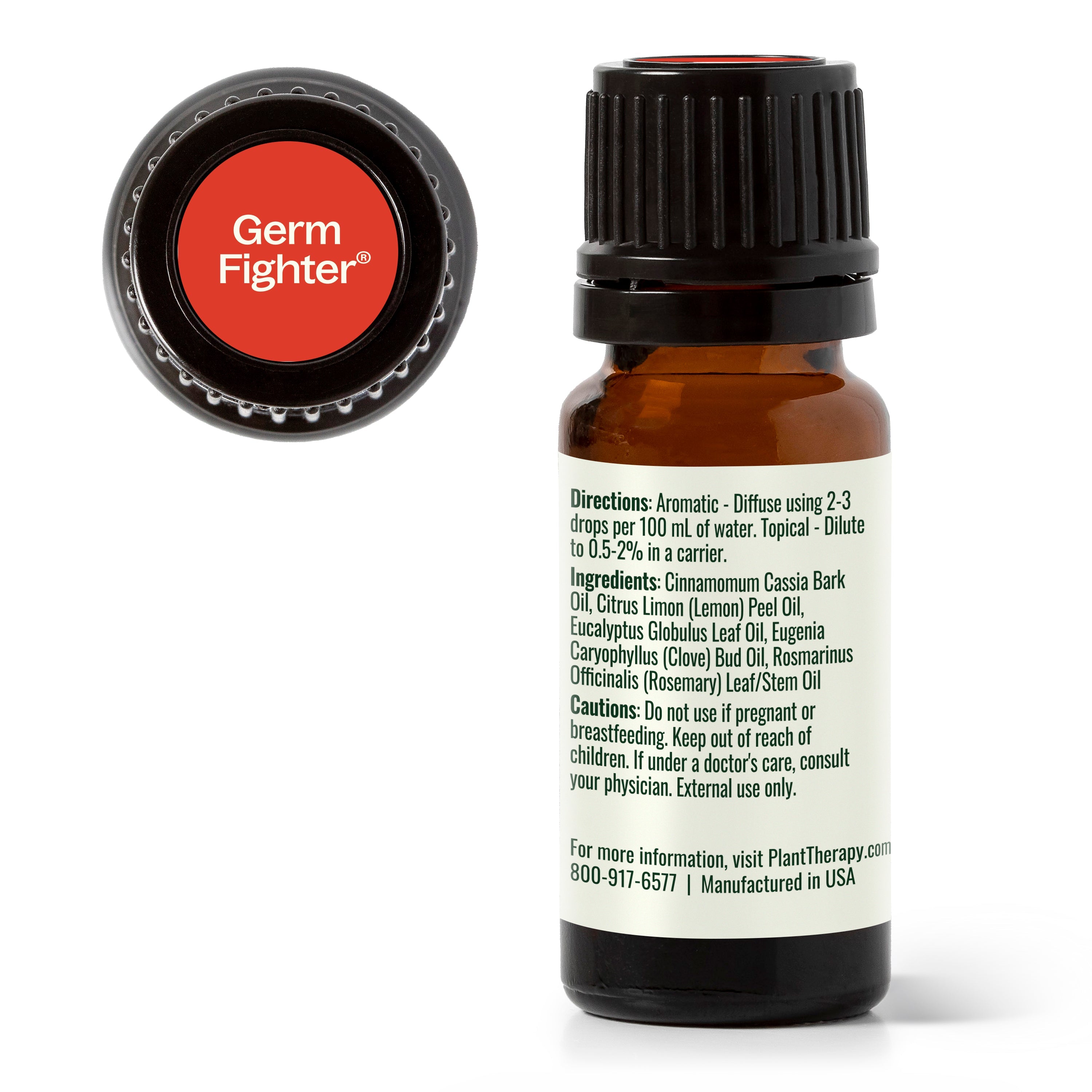 Germ Fighter essential oil bottle with label on a white background