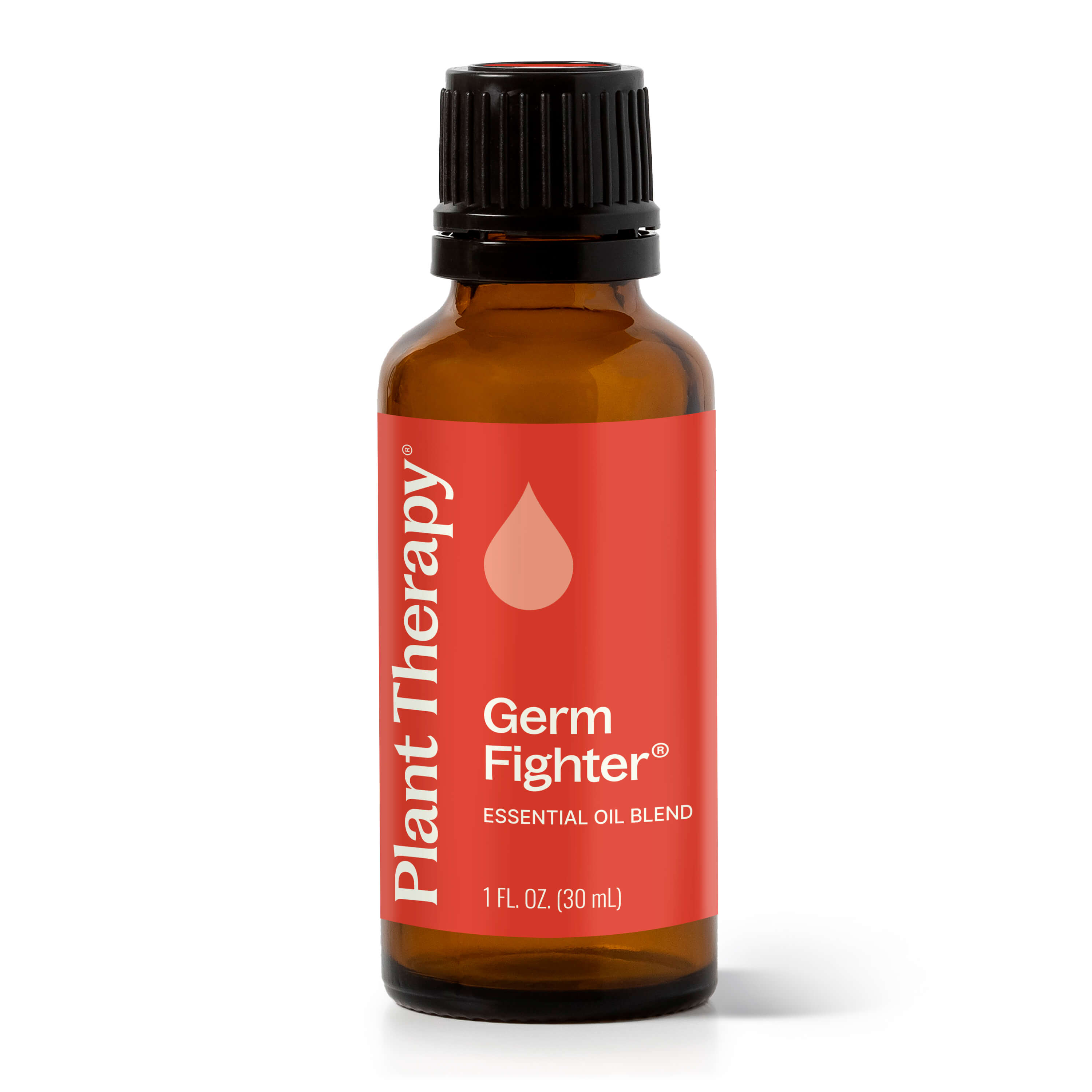 Bottle of Plant Therapy Germ Fighter essential oil blend on a white background