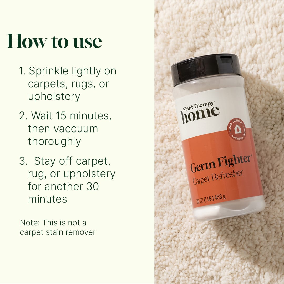 Bottle of Plant Therapy Home Germ Fighter Carpet Refresher on a carpet with usage instructions.