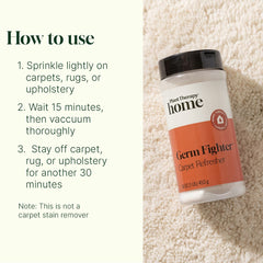 Bottle of Plant Therapy Home Germ Fighter Carpet Refresher on a carpet with usage instructions.
