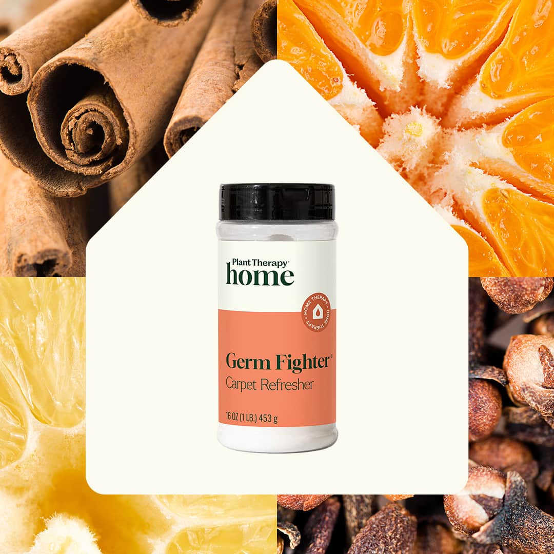 Plant Therapy Germ Fighter Carpet Refresher bottle surrounded by cinnamon sticks and orange slices.
