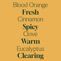 Text on a yellow background describing the scent of Blood Orange, Fresh Cinnamon, Spicy Clove, Warm Eucalyptus, and Clearing.