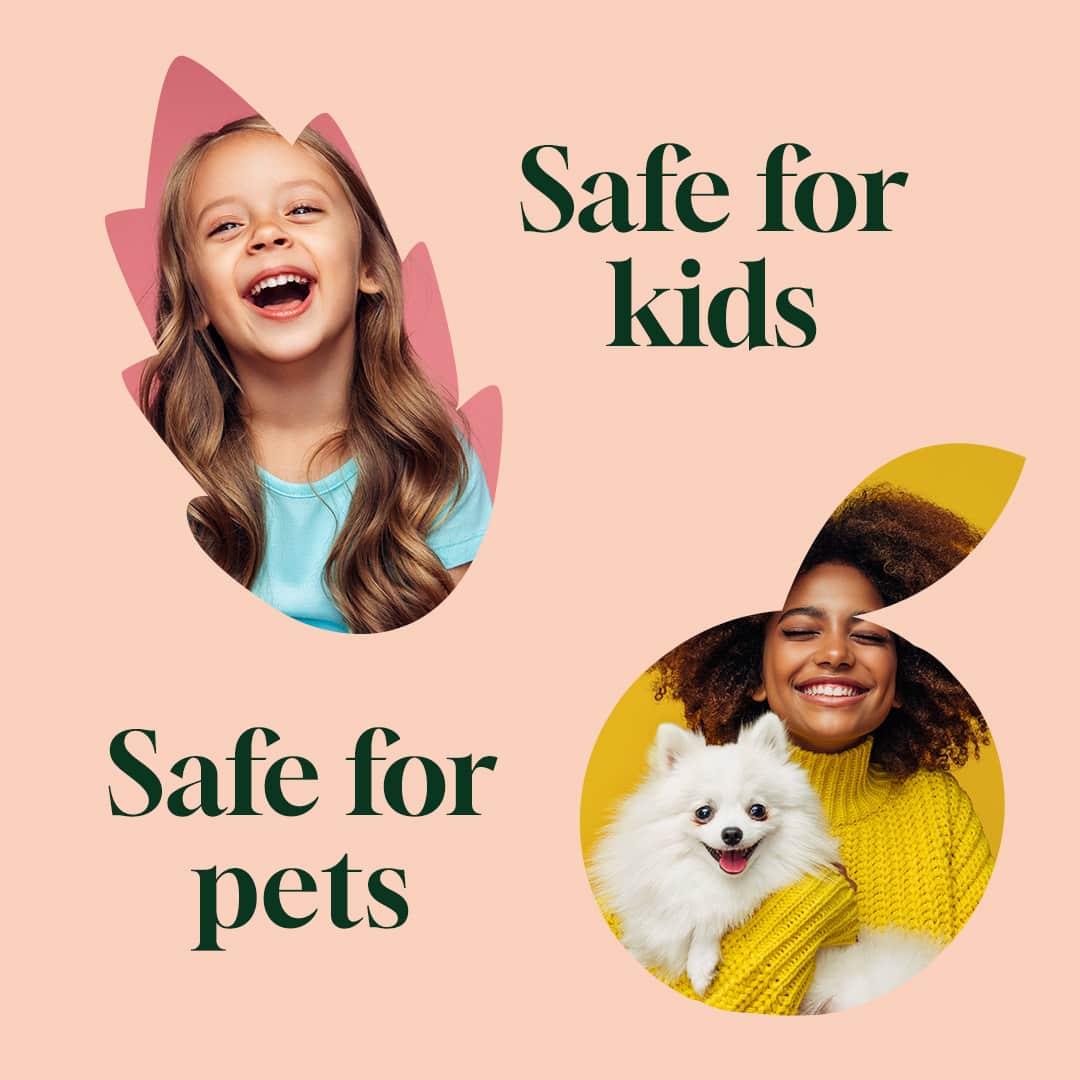 Two circular cutouts of a child and a woman with a dog, with text 'Safe for kids' and 'Safe for pets' on a pink background.