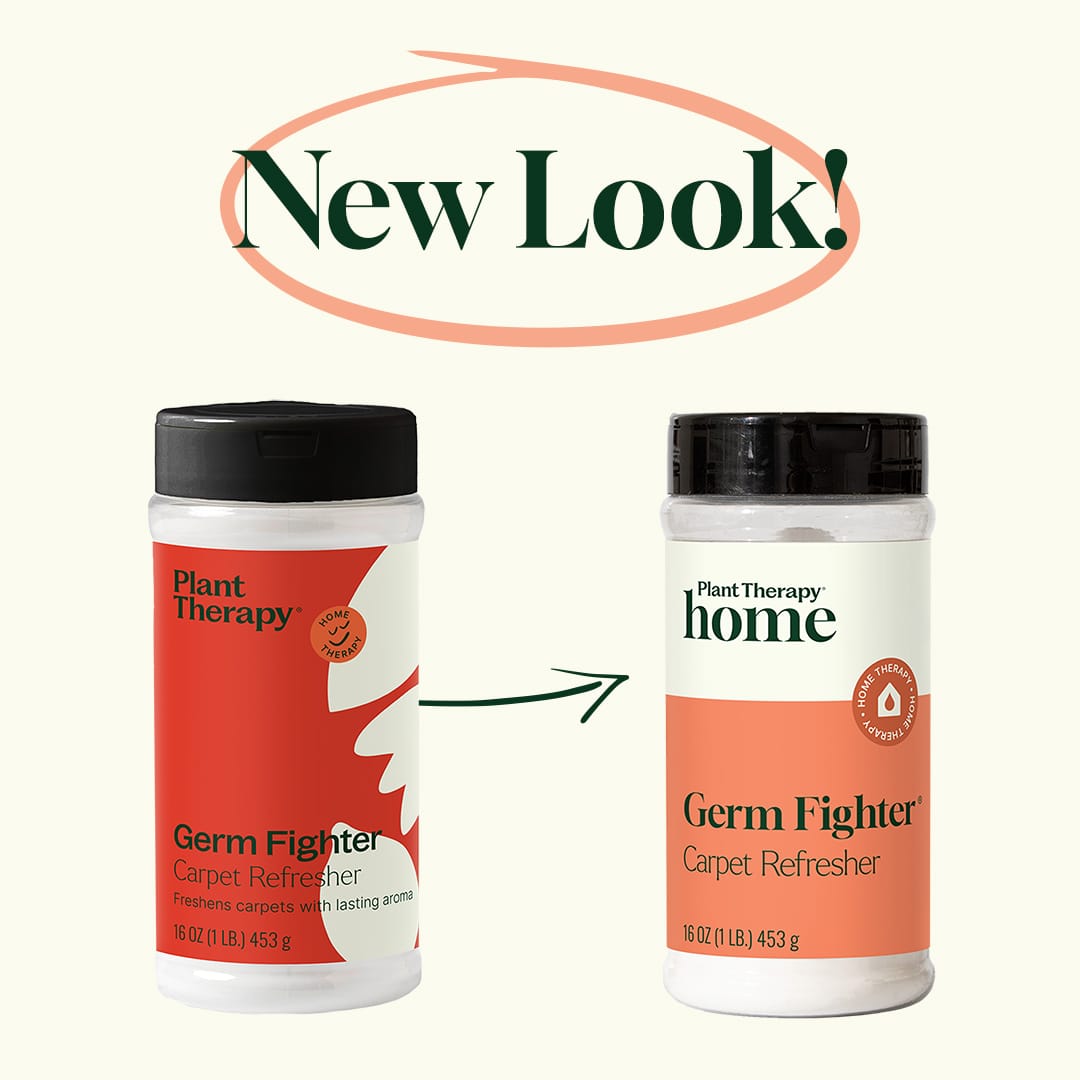 Two containers of Plant Therapy Germ Fighter Carpet Refresher with 'New Look!' text above them on a white background.