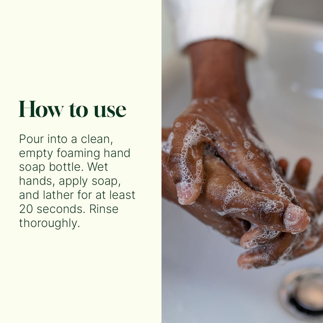 Hands being washed with soap and water, with text on how to use a hand soap product.