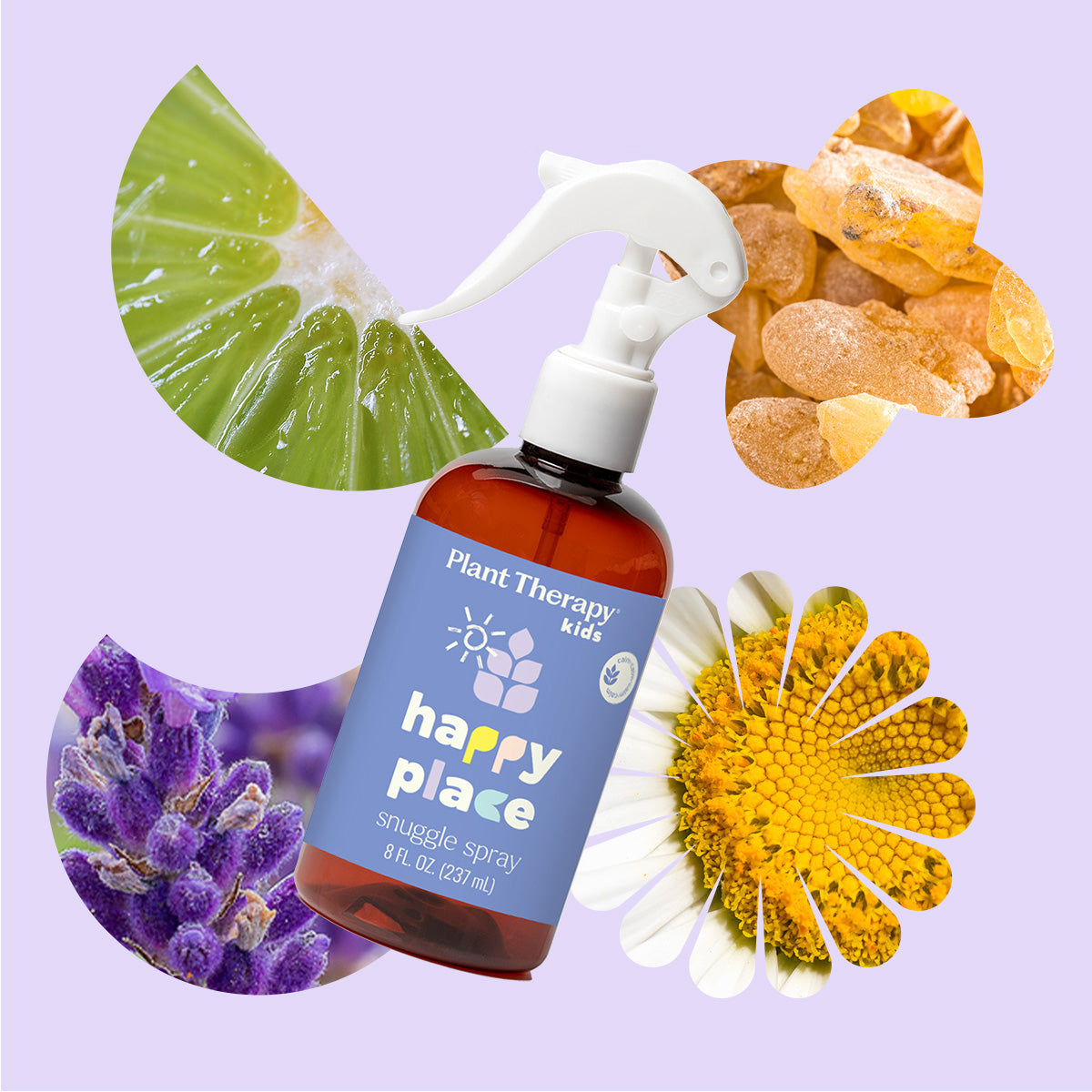 Plant Therapy Kids Happy Place Snuggle Spray bottle with floral and fruit elements on a light purple background