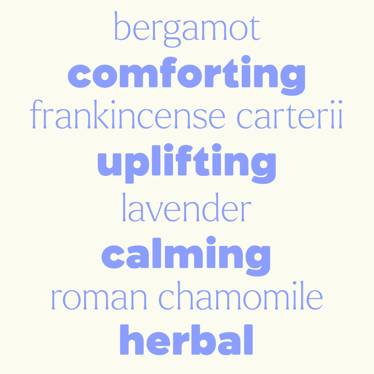List of words related to essential oils on a white background