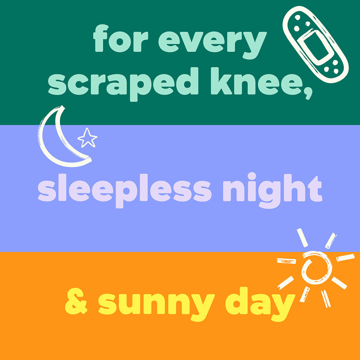 Colorful graphic with text and illustrations on a green, blue, and orange background.