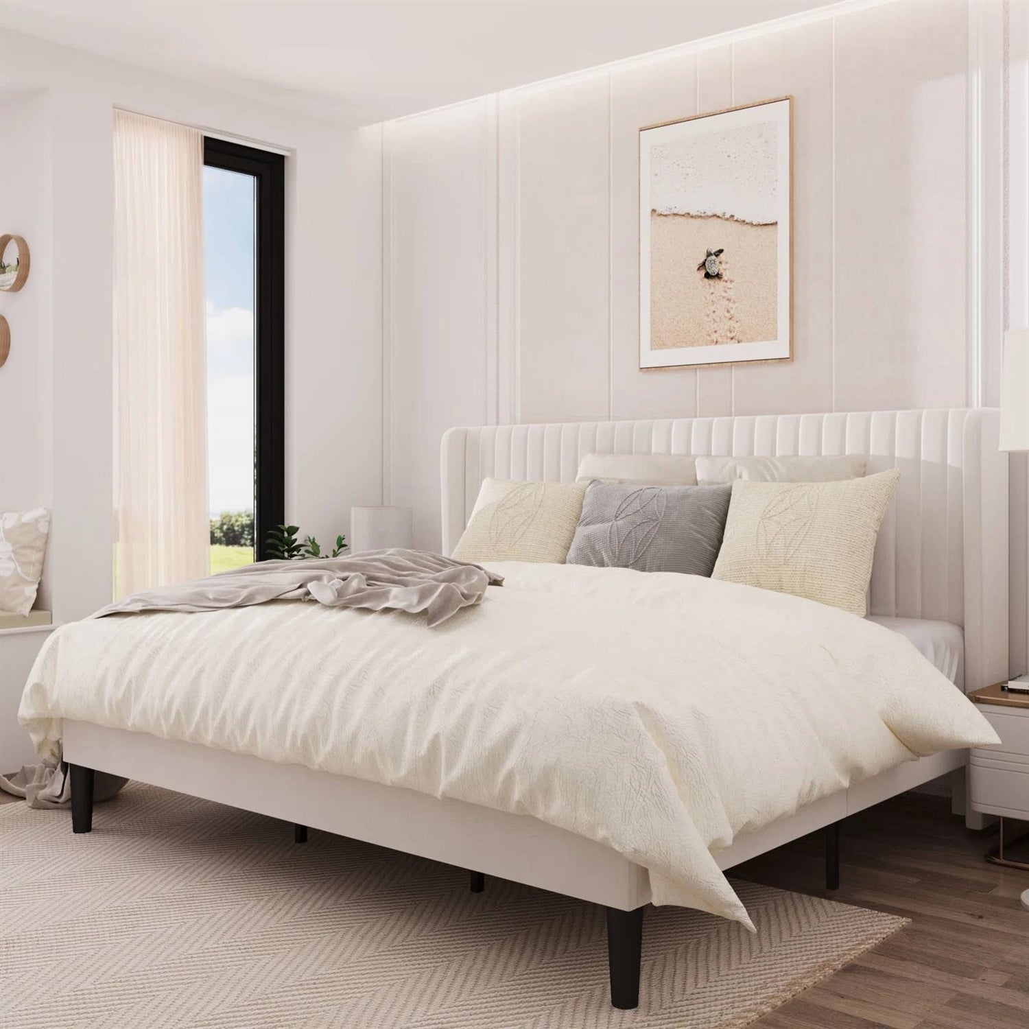 Neatly made bed in a modern bedroom with light decor