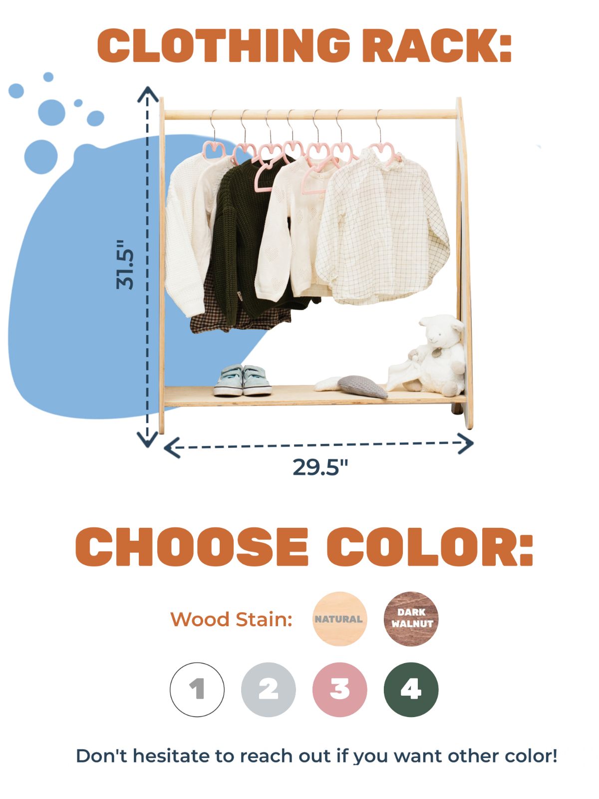 Clothing rack with dimensions and color options on a white background