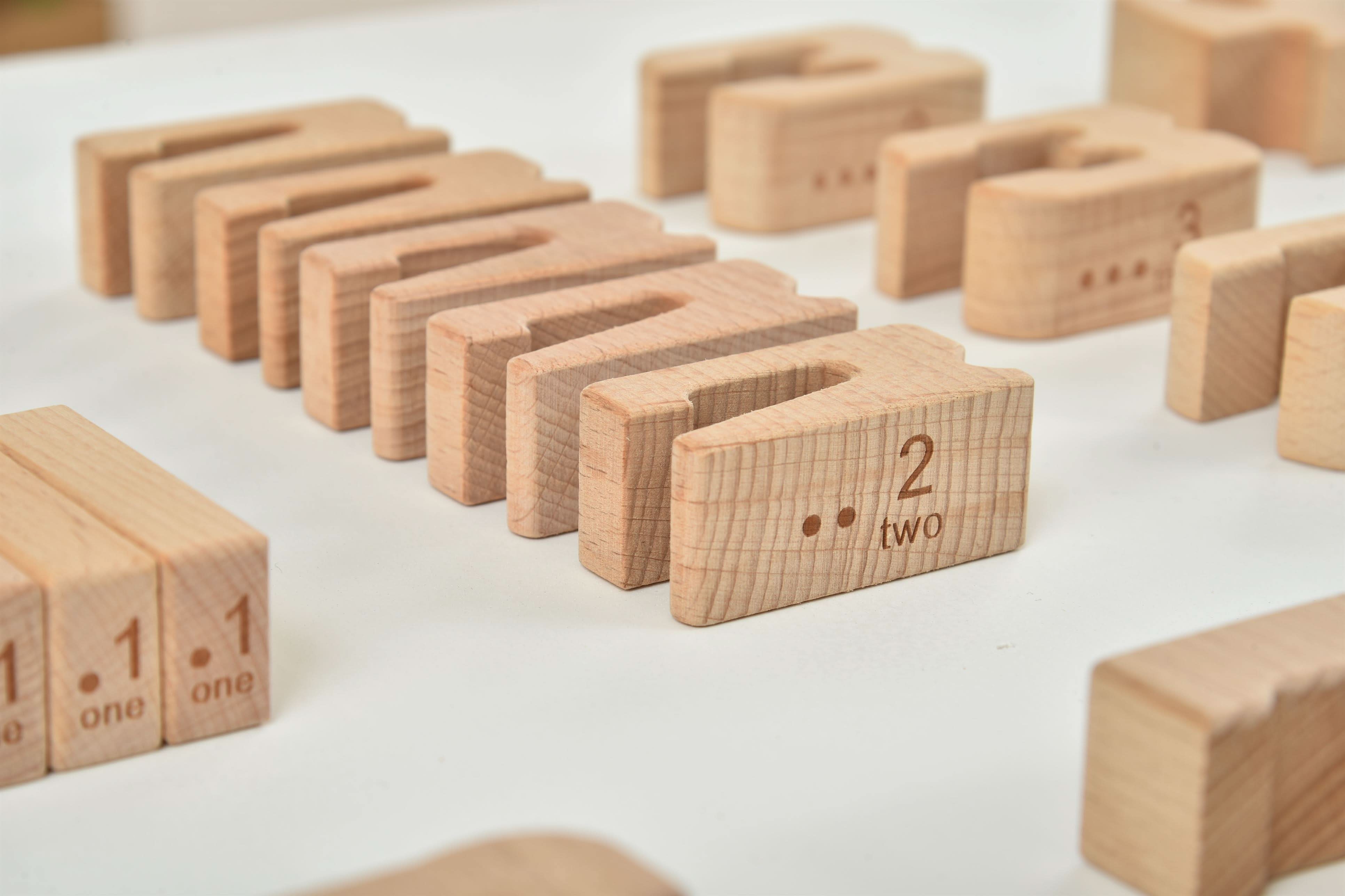 Wooden blocks with numbers and letters on a white surface