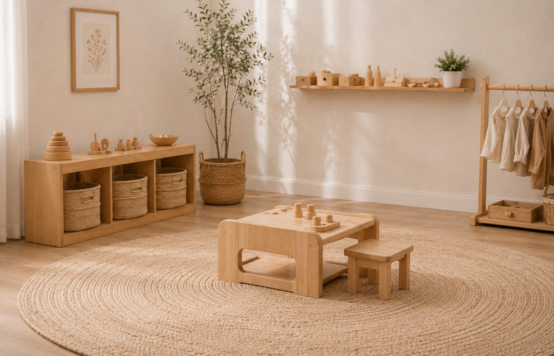 Wooden furniture set in a room with a rug and plants