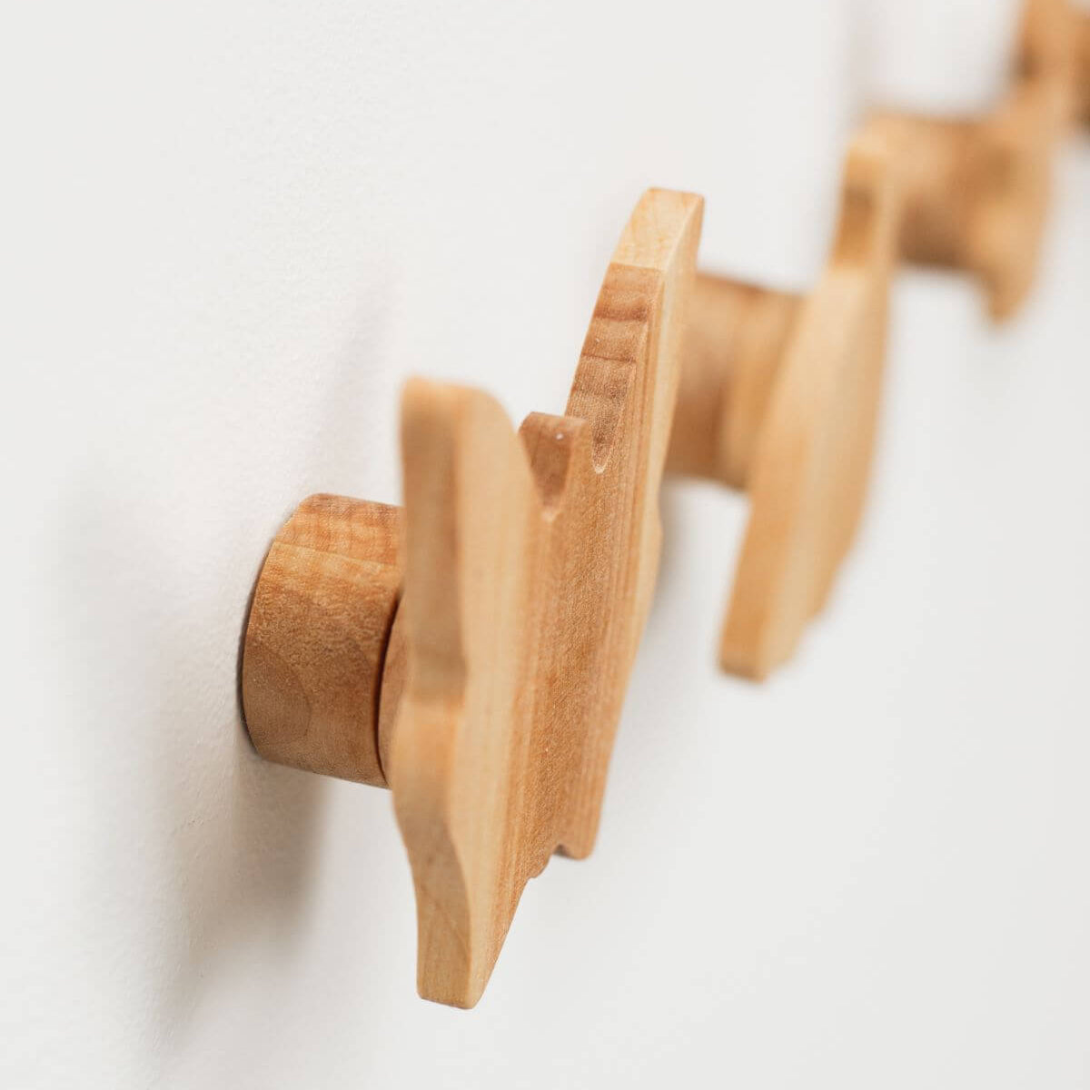 Wooden wall hooks on a white background