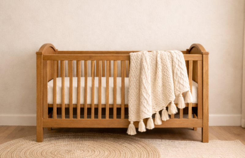 Wooden crib with a white mattress and beige blanket in a room with a neutral color scheme.