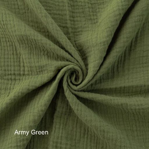 Close-up of olive green fabric with 'Army Green' label