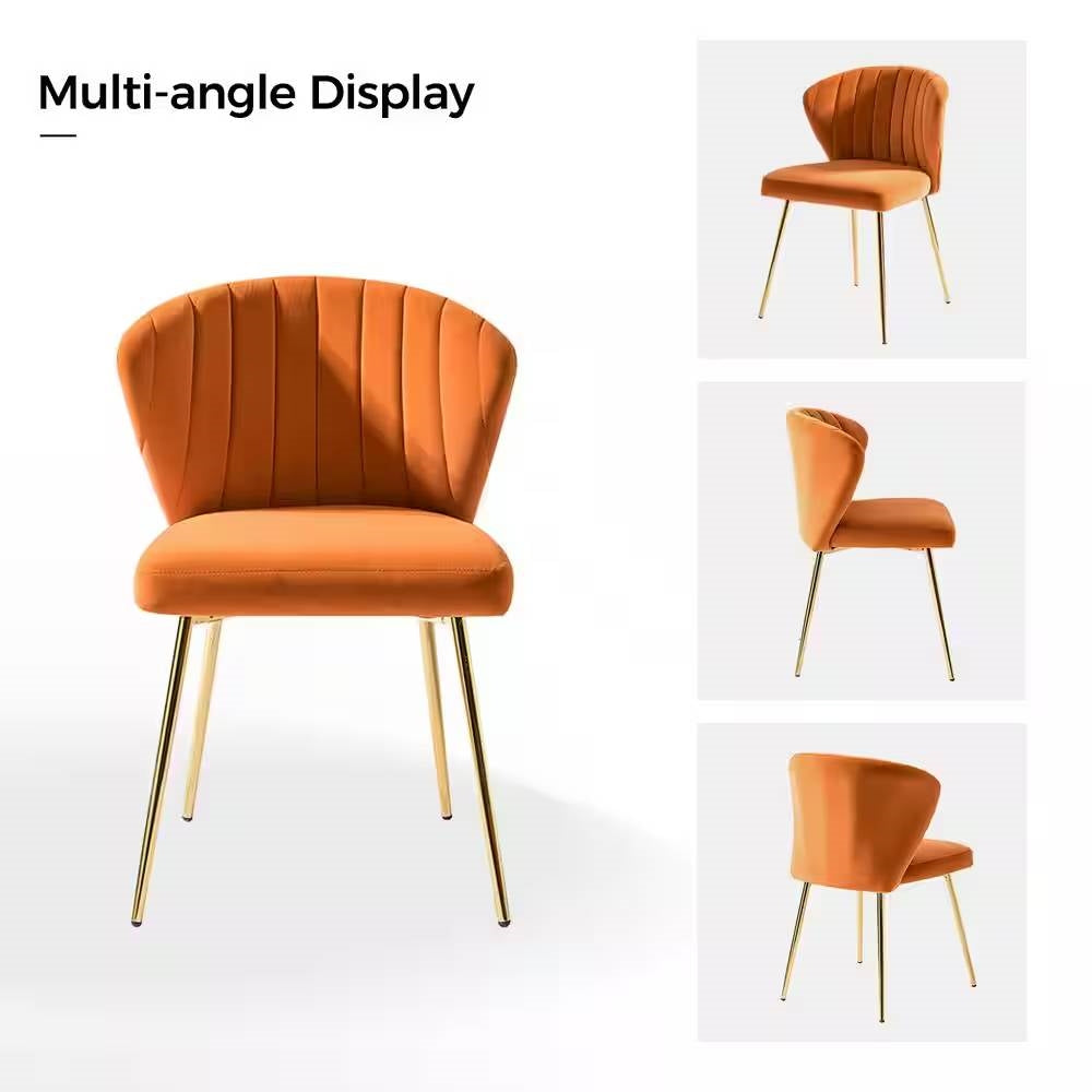 Orange chair with gold legs shown from multiple angles on a white background