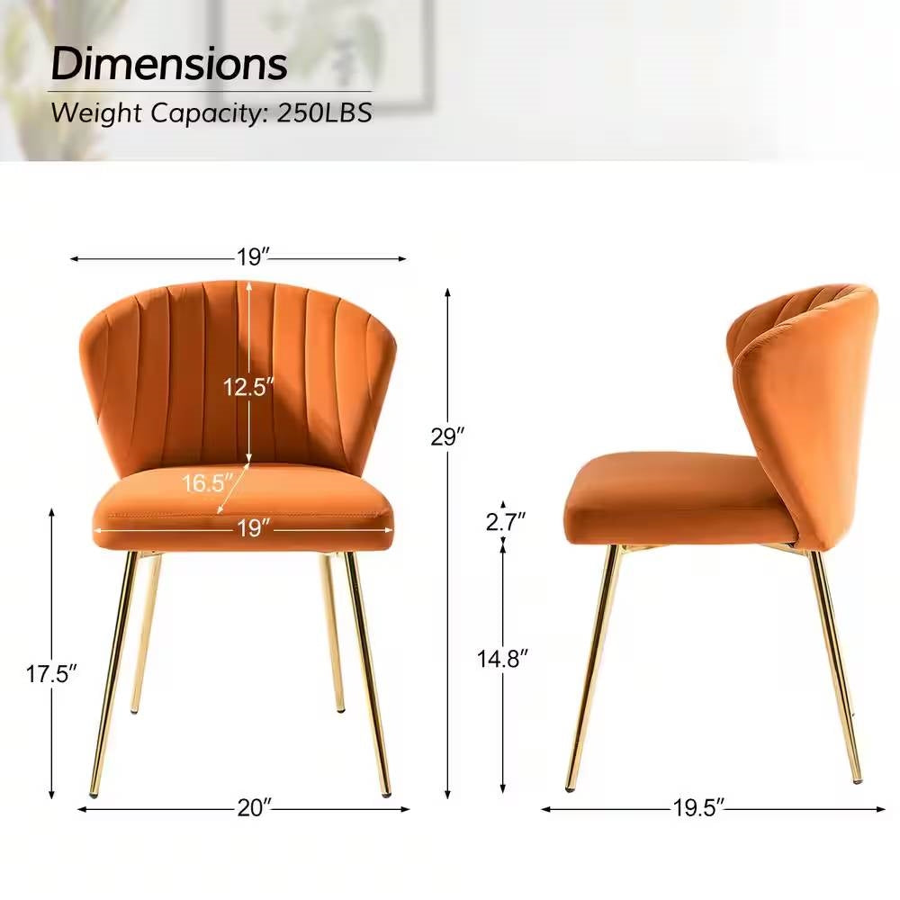 Orange chairs with dimensions and weight capacity on a white background