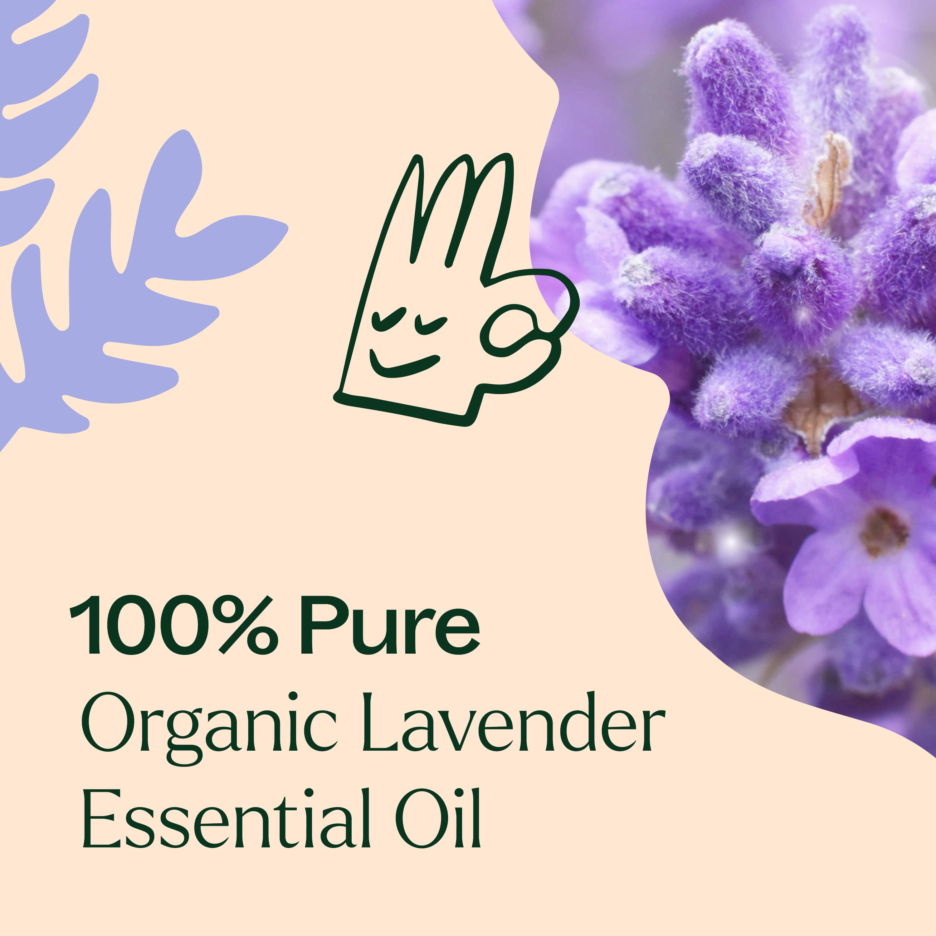 100% Pure Organic Lavender Essential Oil packaging with lavender flowers and a hand icon.