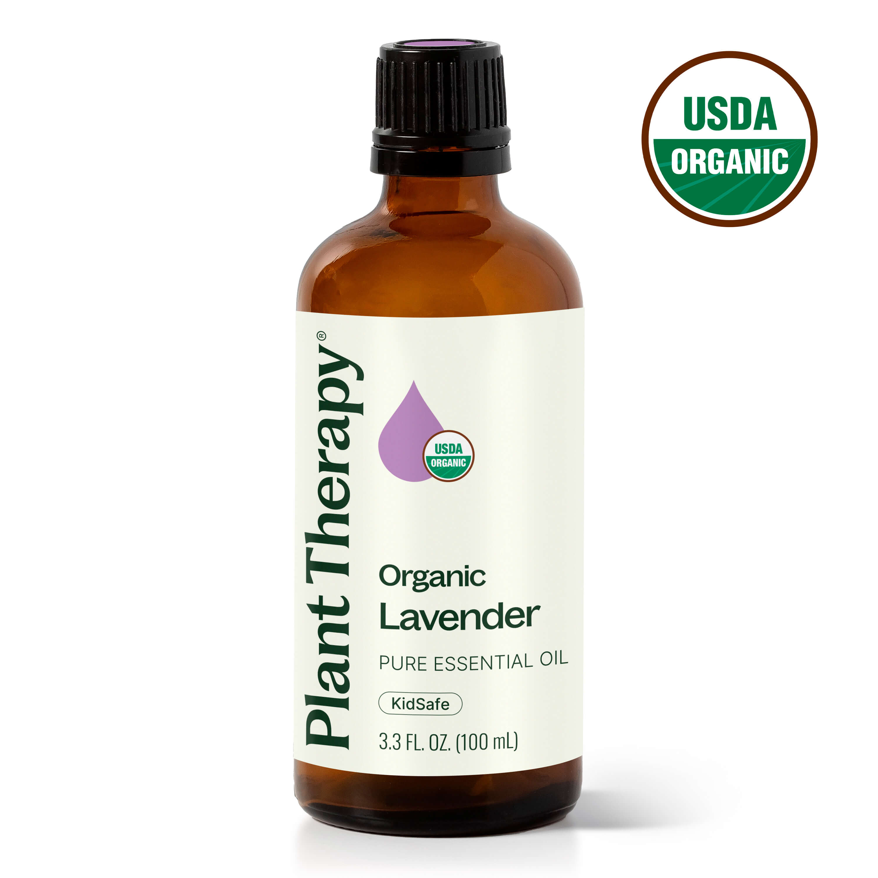 Bottle of Plant Therapy Organic Lavender essential oil with USDA Organic label on a white background
