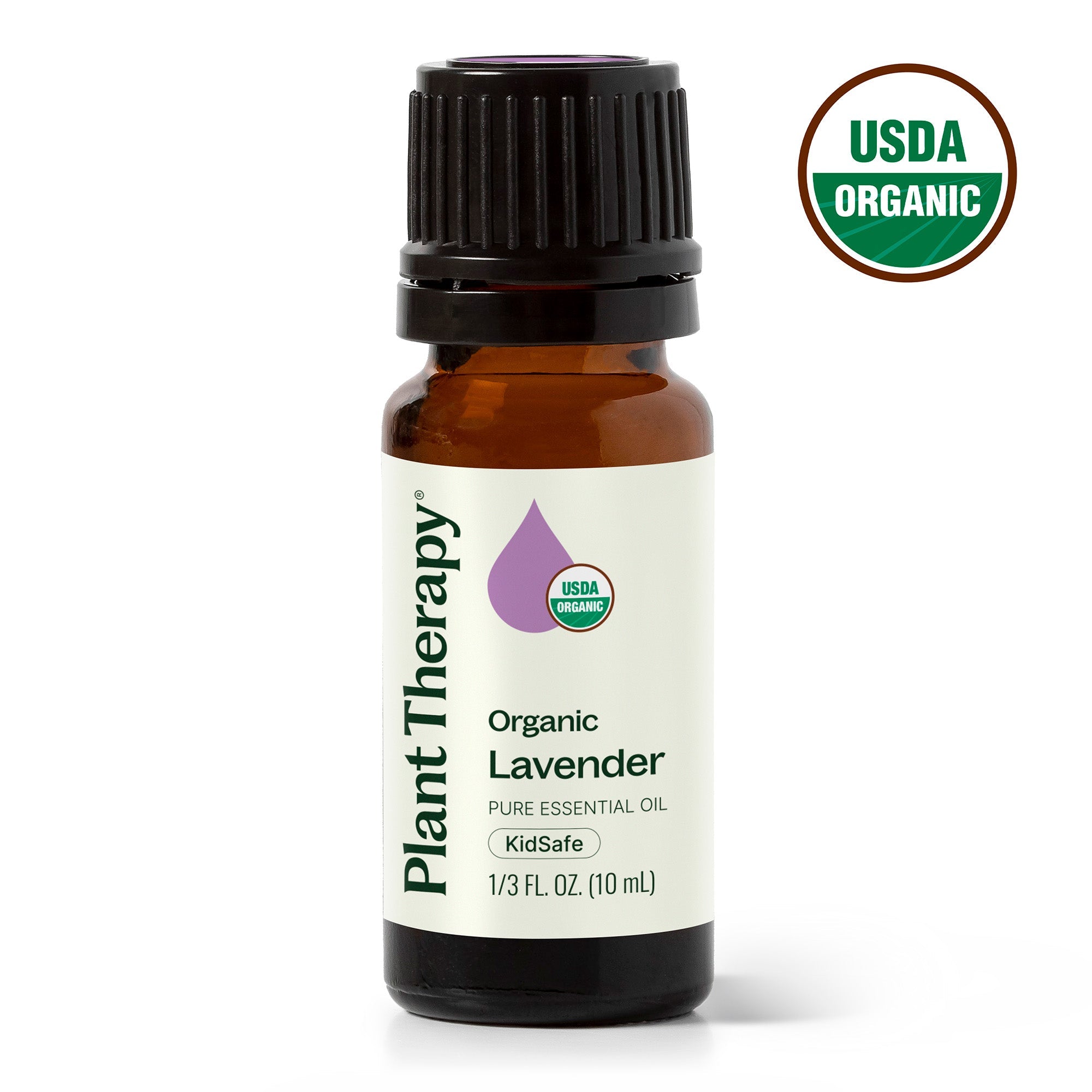 Bottle of Plant Therapy Organic Lavender essential oil with USDA Organic label on a white background