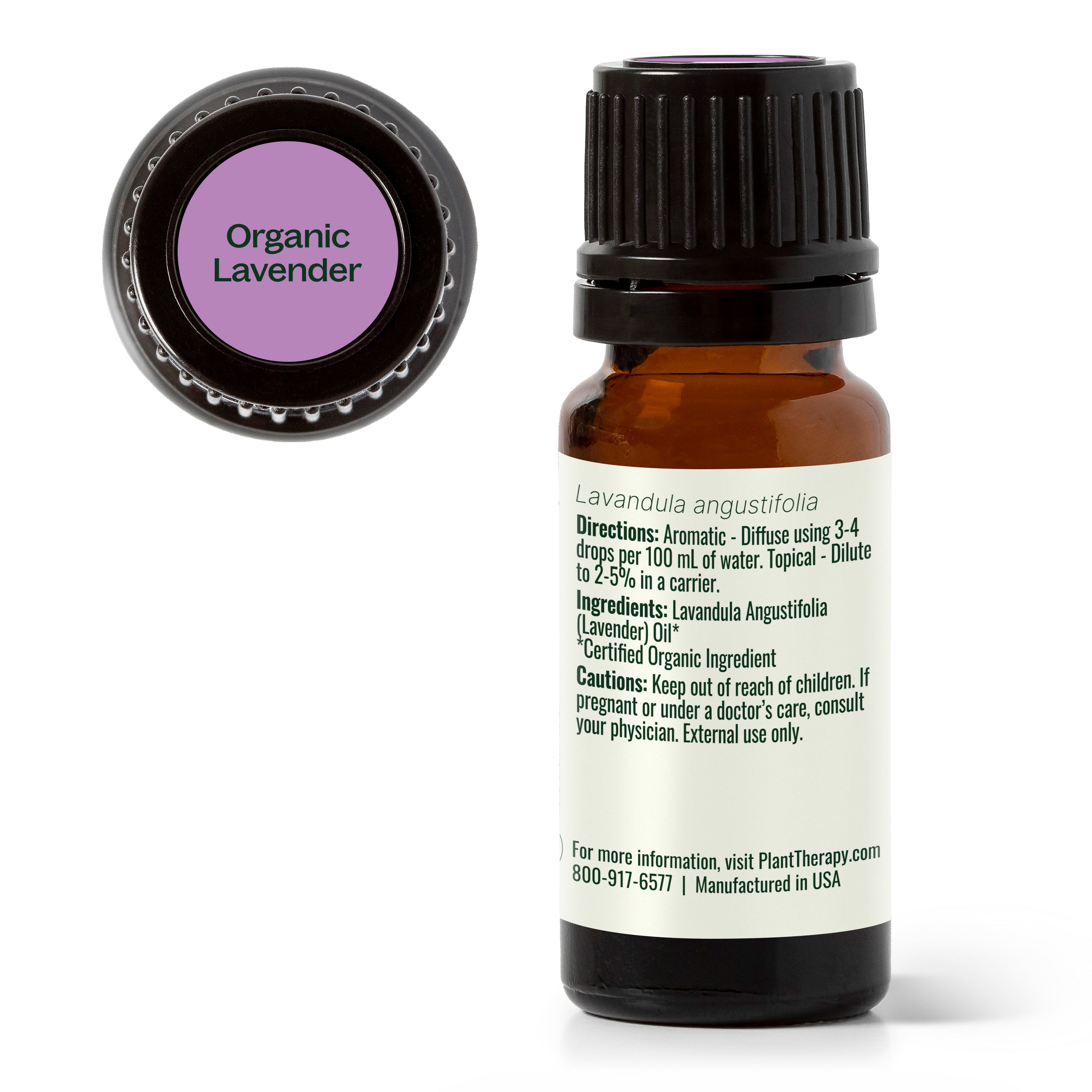 Organic lavender essential oil bottle with label on a white background
