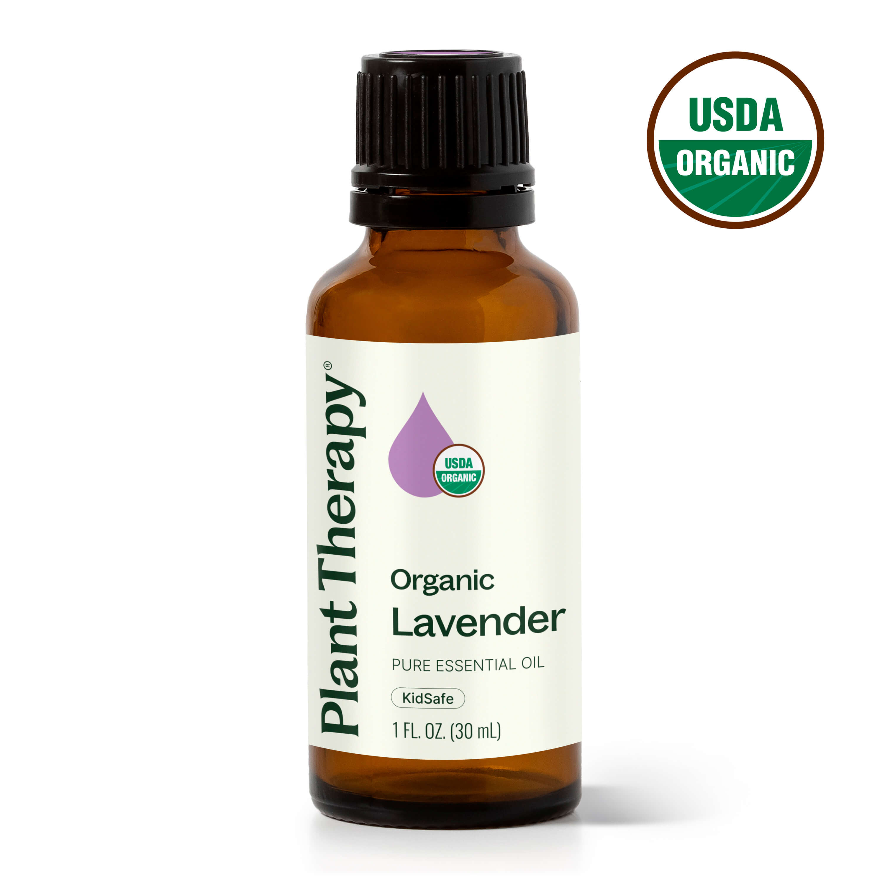 Bottle of Plant Therapy Organic Lavender essential oil with USDA Organic label on a white background