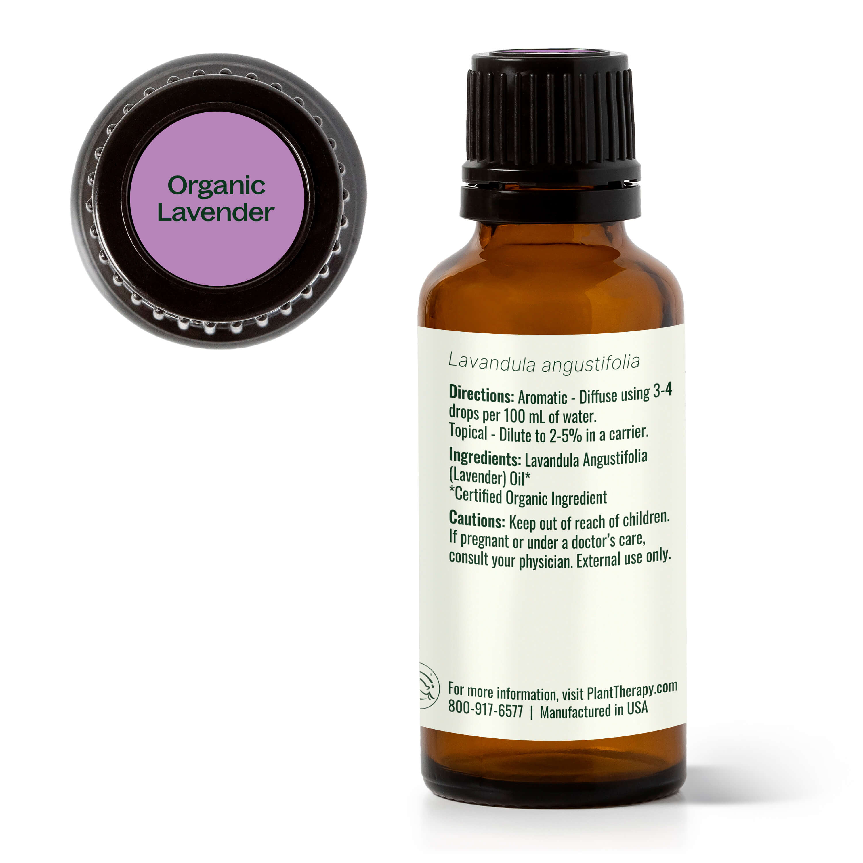 Bottle of organic lavender essential oil with label on a white background