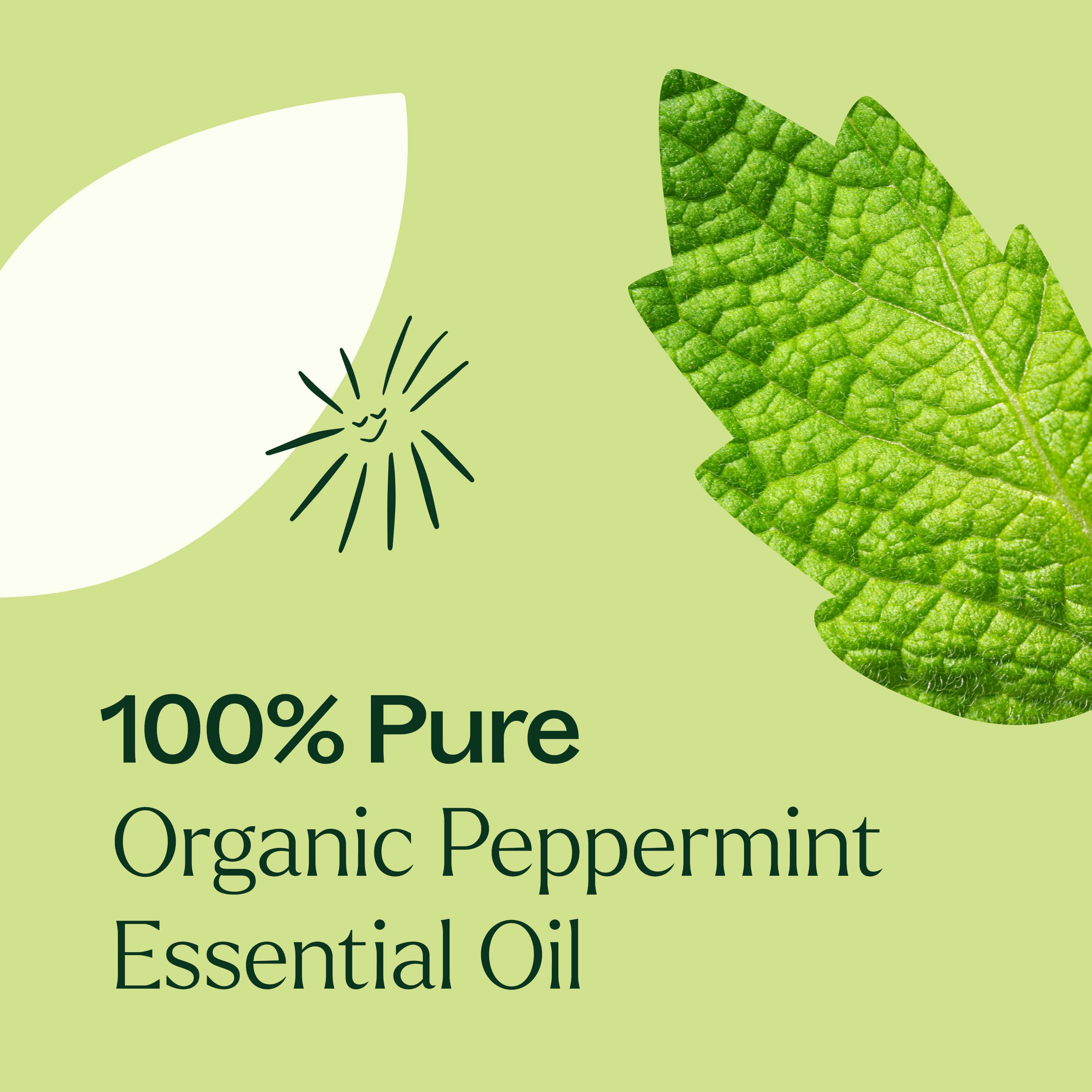 Label for 100% Pure Organic Peppermint Essential Oil with a green leaf on a light green background.