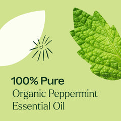 Label for 100% Pure Organic Peppermint Essential Oil with a green leaf on a light green background.